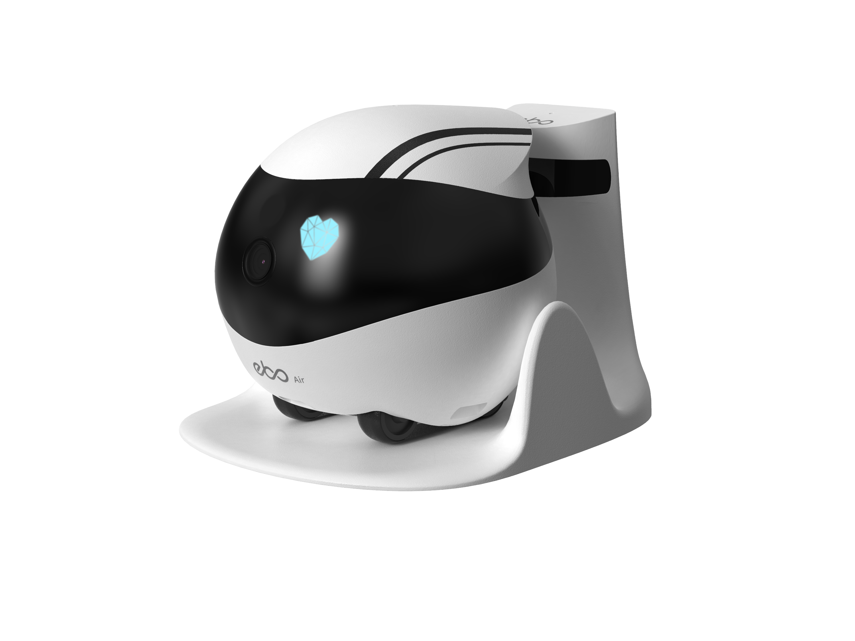 Biały robot z czarnym wizjerem, logo serca i stacją ładującą.