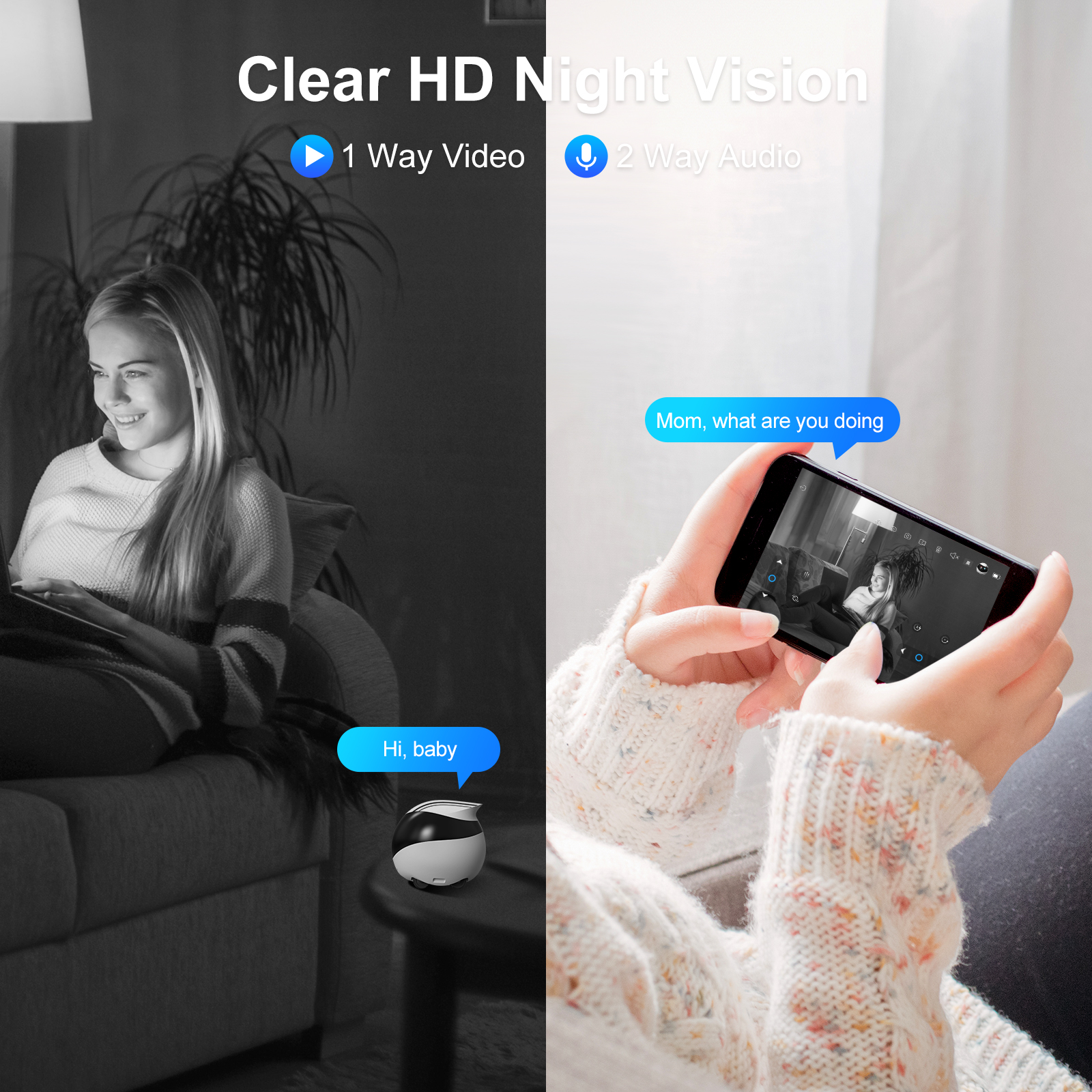 Obraz przedstawia kobietę na kanapie, korzystającą z tabletu. Widoczna kamera i dymki. Jeden mówi: "Cześć, kochanie".