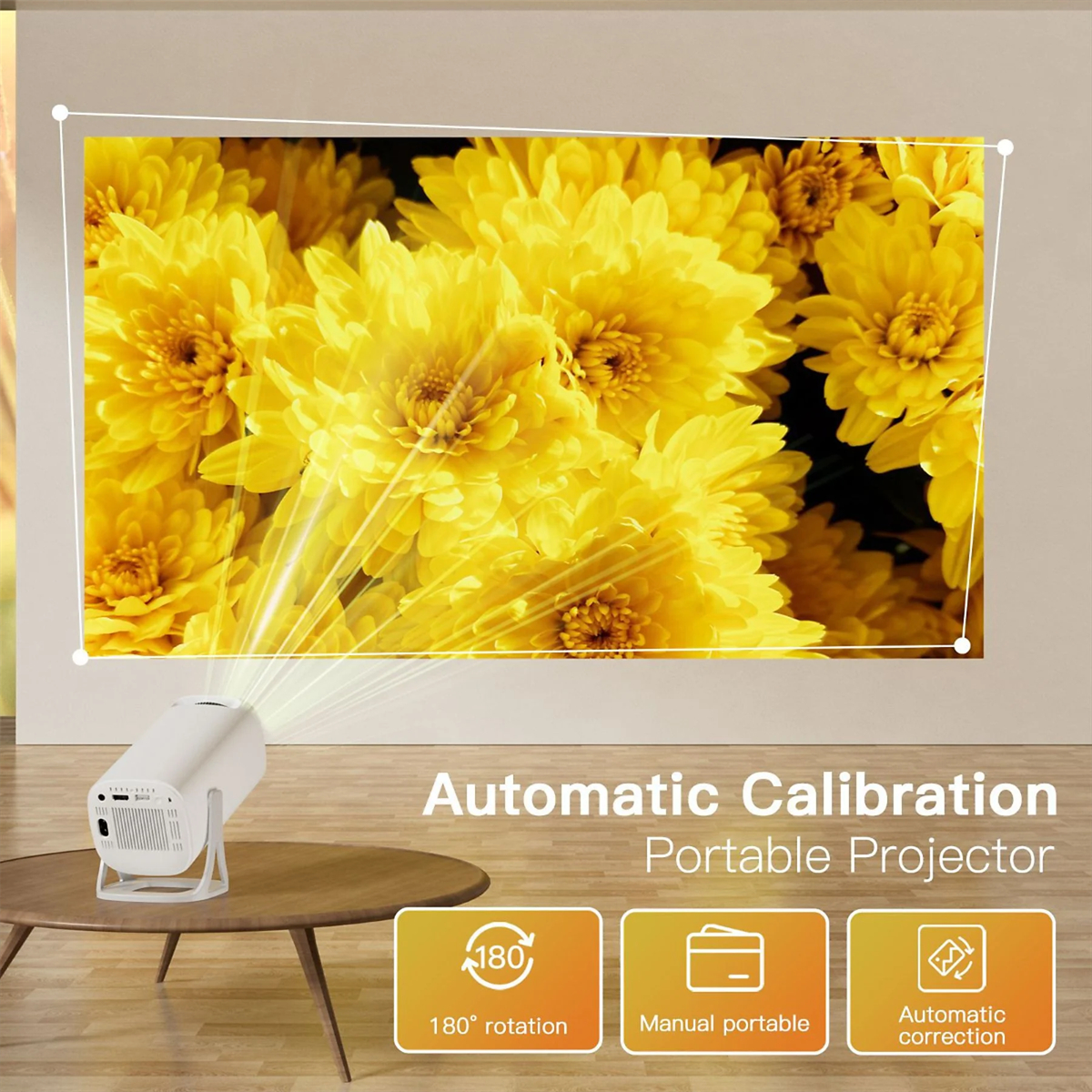 Ein weißer Projektor projiziert ein gelbes Blumenbild an eine Wand. Text: 'Automatic Calibration Portable Projector'.
