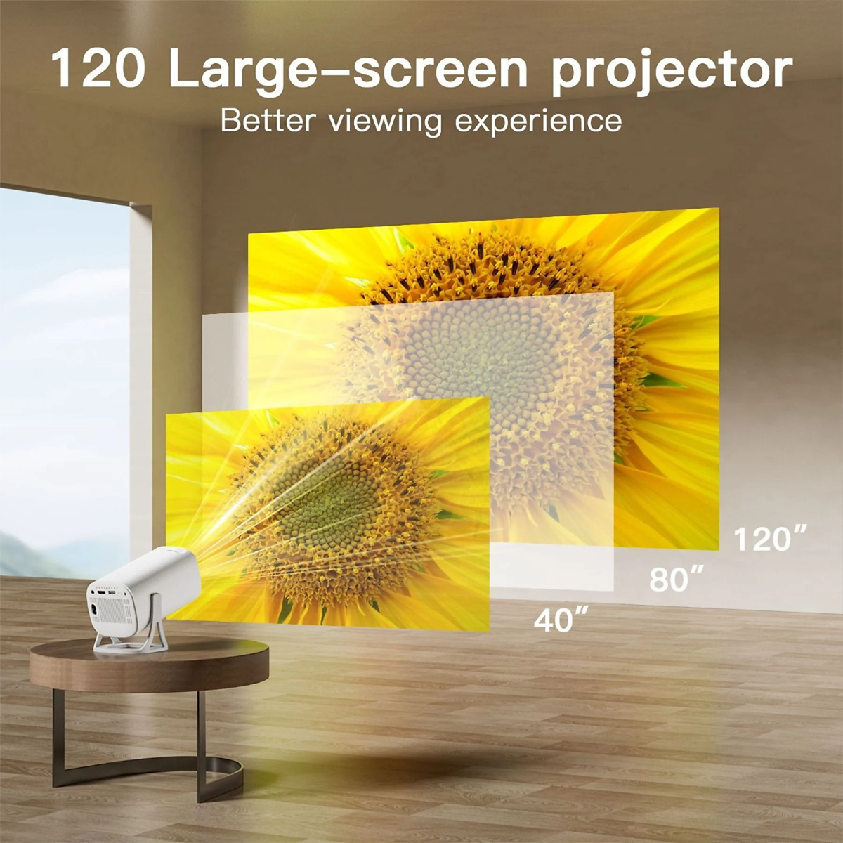 Ein weißer Projektor projiziert eine Sonnenblume auf drei Bildschirme mit unterschiedlichen Größen: 40", 80" und 120".
