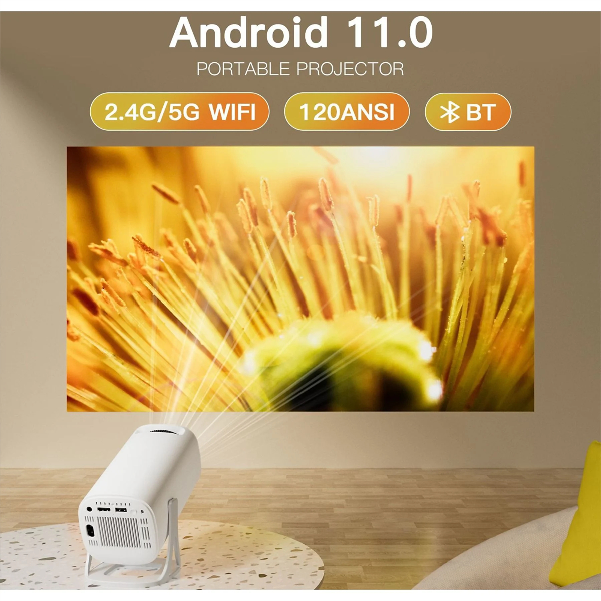 Weißer Projektor, der ein Bild an eine Wand projiziert. Text oben lautet Android 11.0.