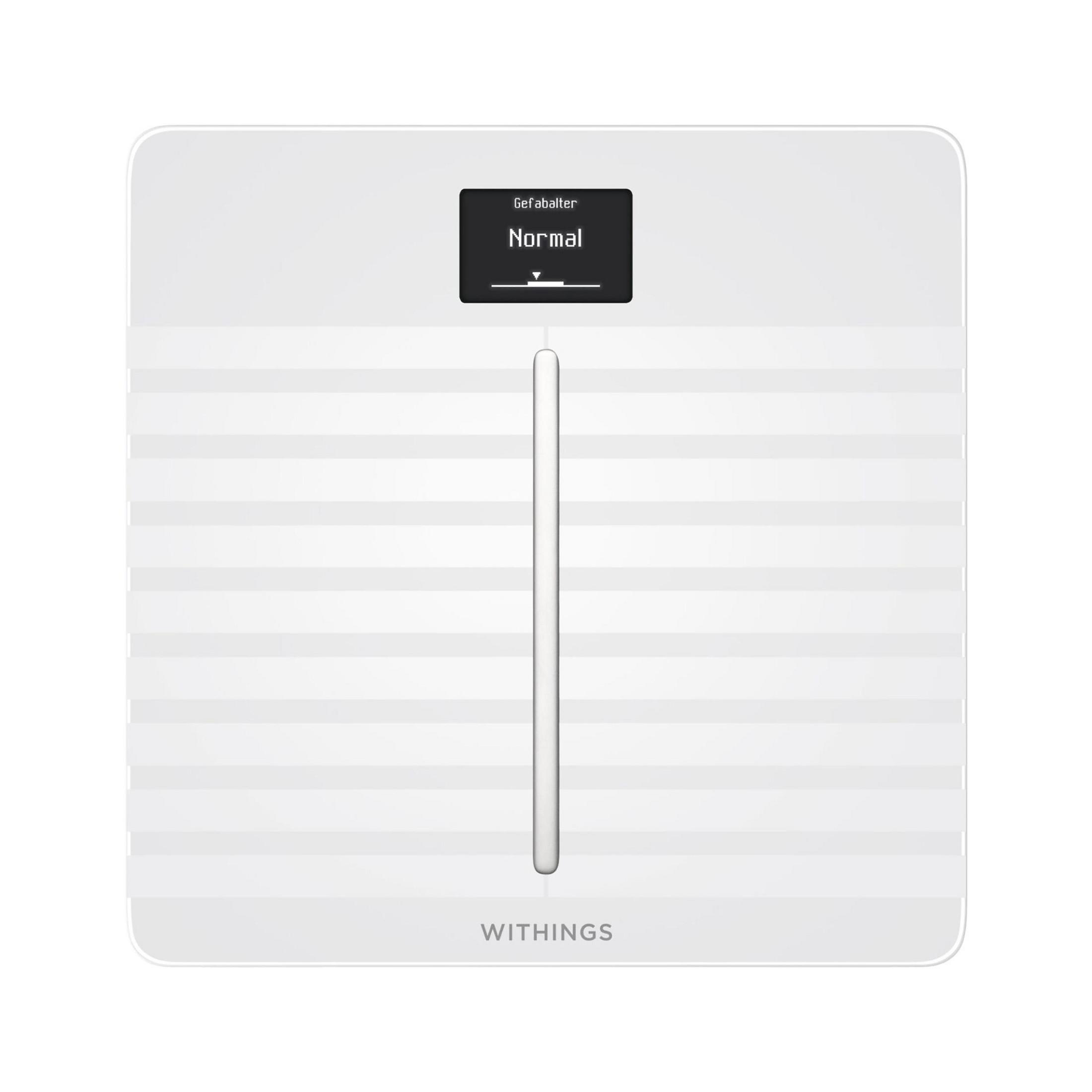 Biała inteligentna waga z wyświetlaczem z napisem 'Normalny'. Tło jest białe.
