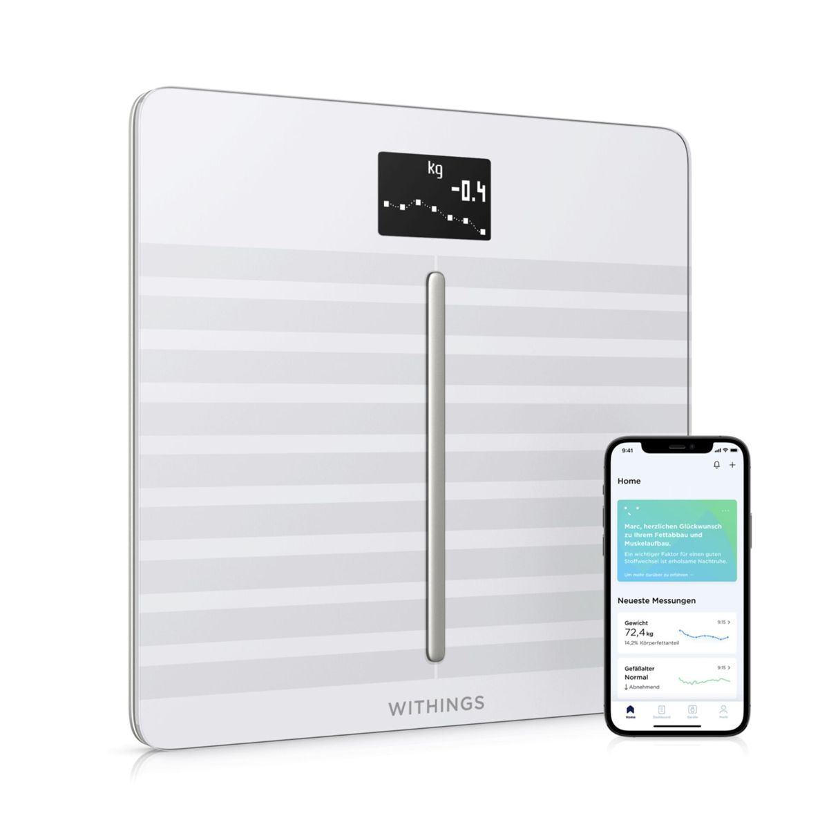 Waga cyfrowa z wyświetlaczem pokazującym -0,4 kg. Obok telefon z aplikacją zdrowotną.