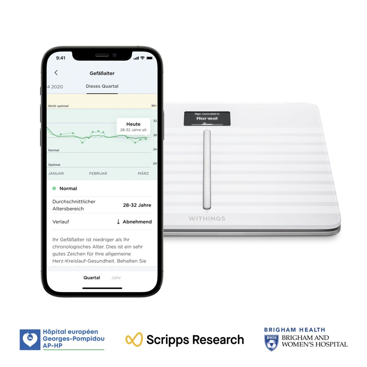 Smartfon wyświetlający dane zdrowotne na białej inteligentnej wadze. Ekran wyświetla wskaźniki zdrowia i wykresy.
