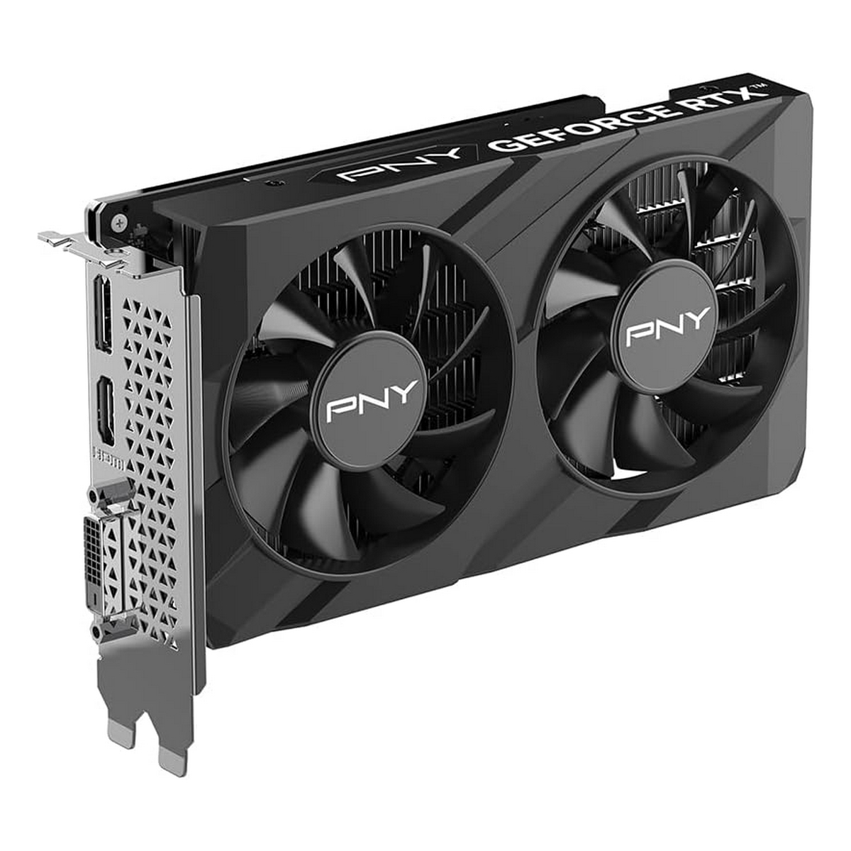 Una scheda grafica PNY GeForce RTX nera con due ventole.