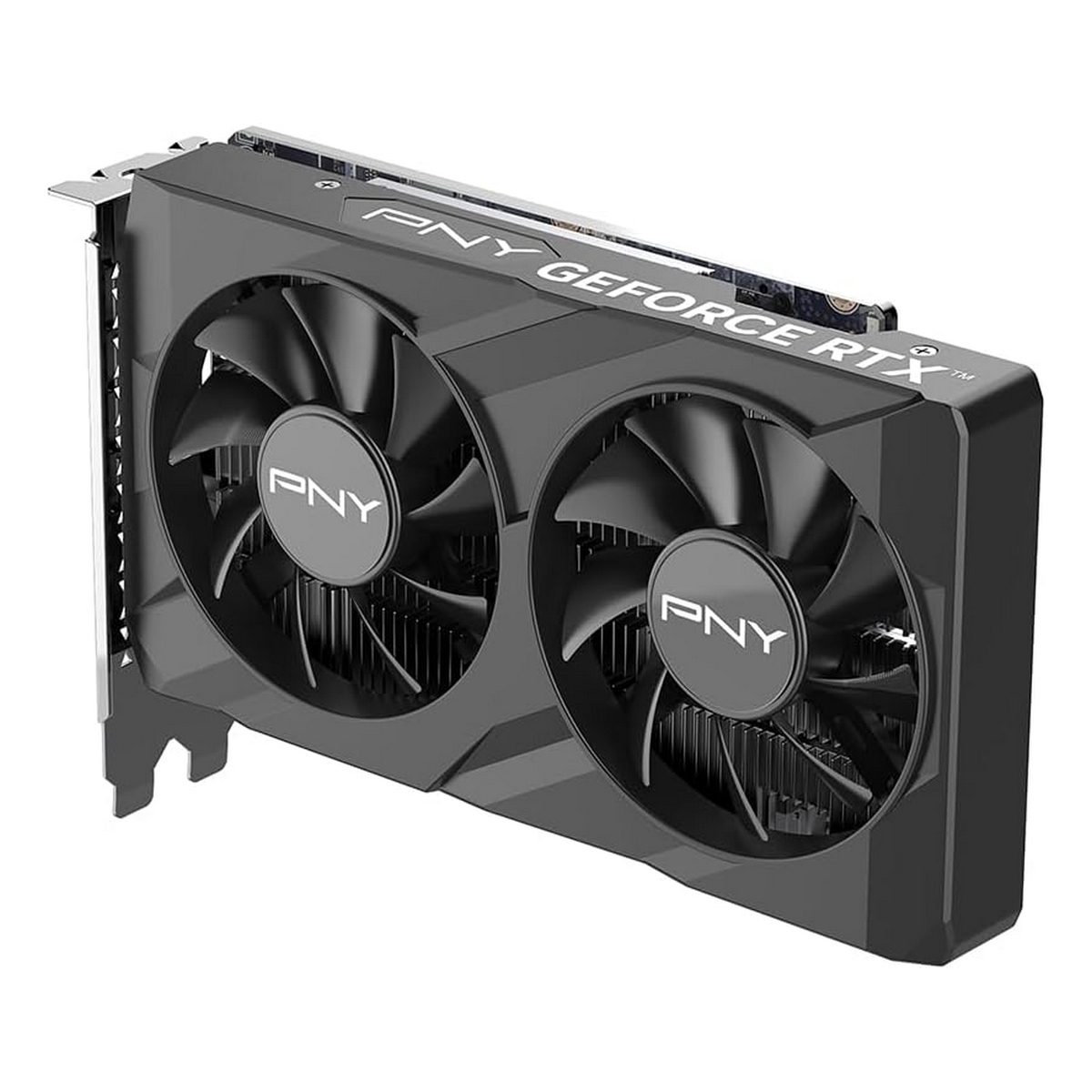 Scheda grafica PNY GeForce RTX nera con due ventole, angolata su sfondo bianco.
