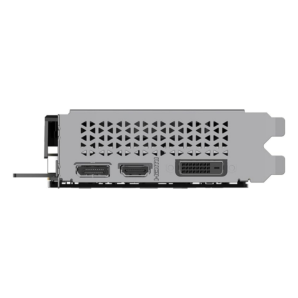 Scheda grafica, argento, varie porte, HDMI. Isolato.