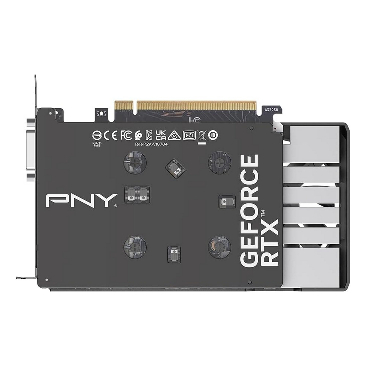 Scheda grafica PNY GeForce RTX. Nera e grigia con il nome del marchio visibile.