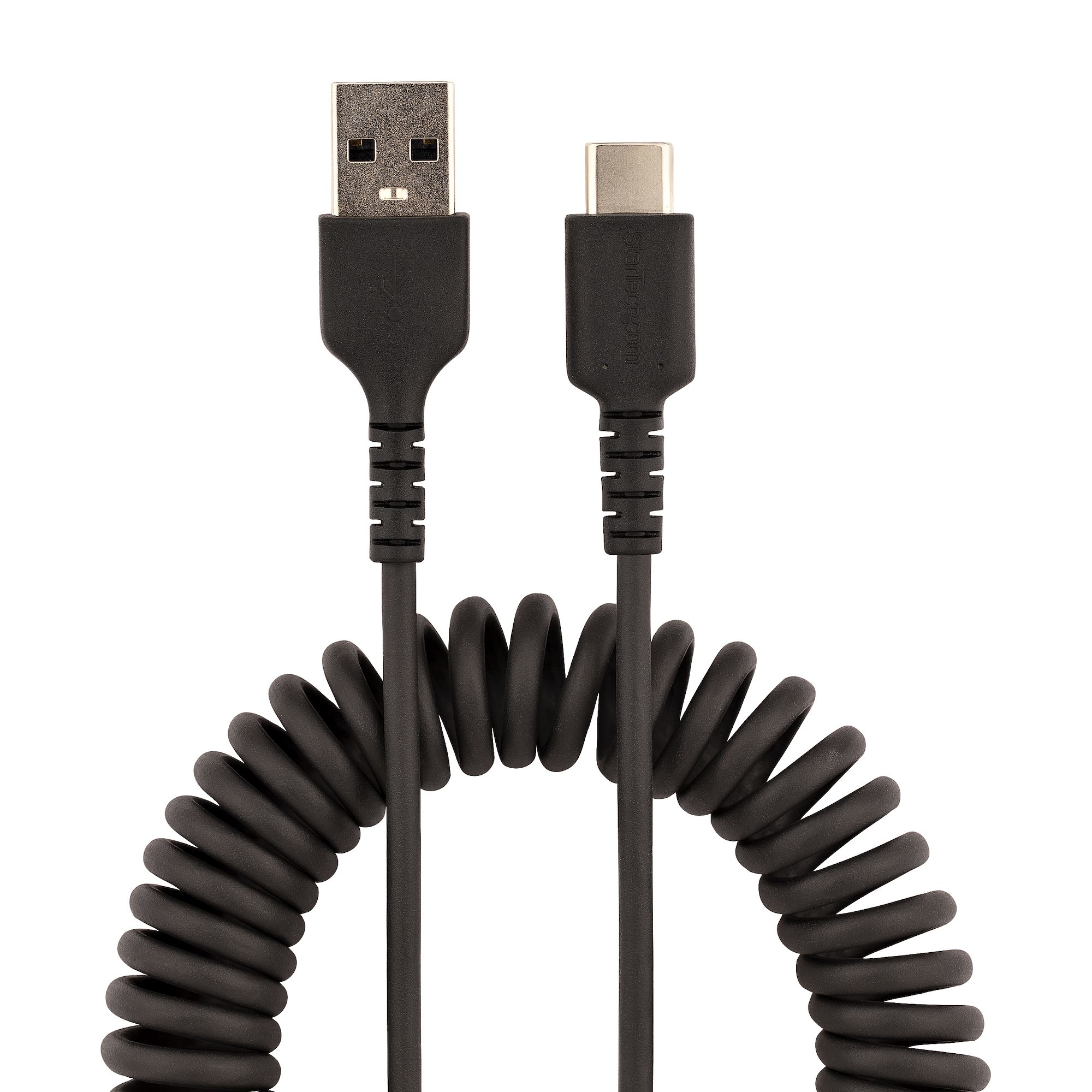Cable en espiral negro USB-A a USB-C, fondo blanco.