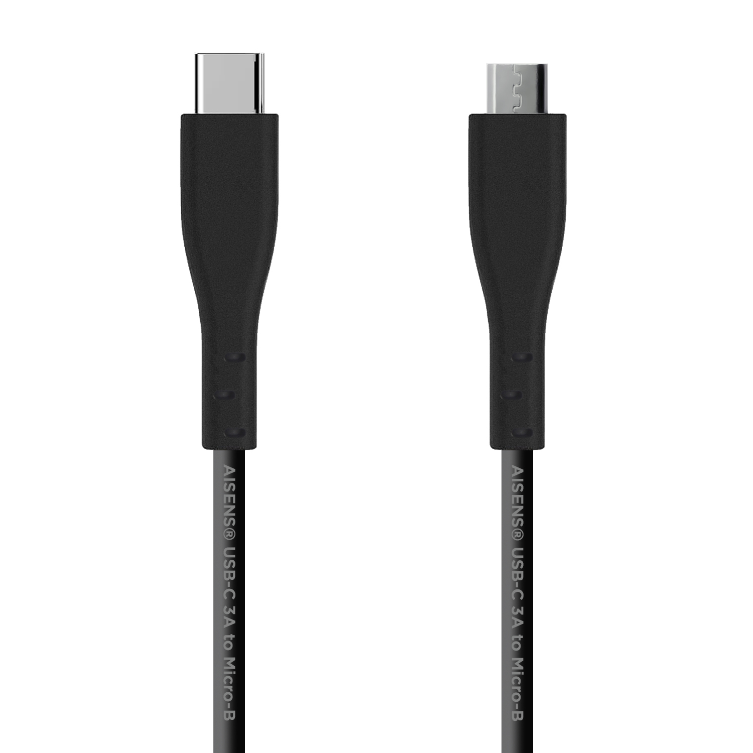 Due cavi USB neri, uno USB-C a Micro-B e uno USB-A a Micro-B, su sfondo bianco.