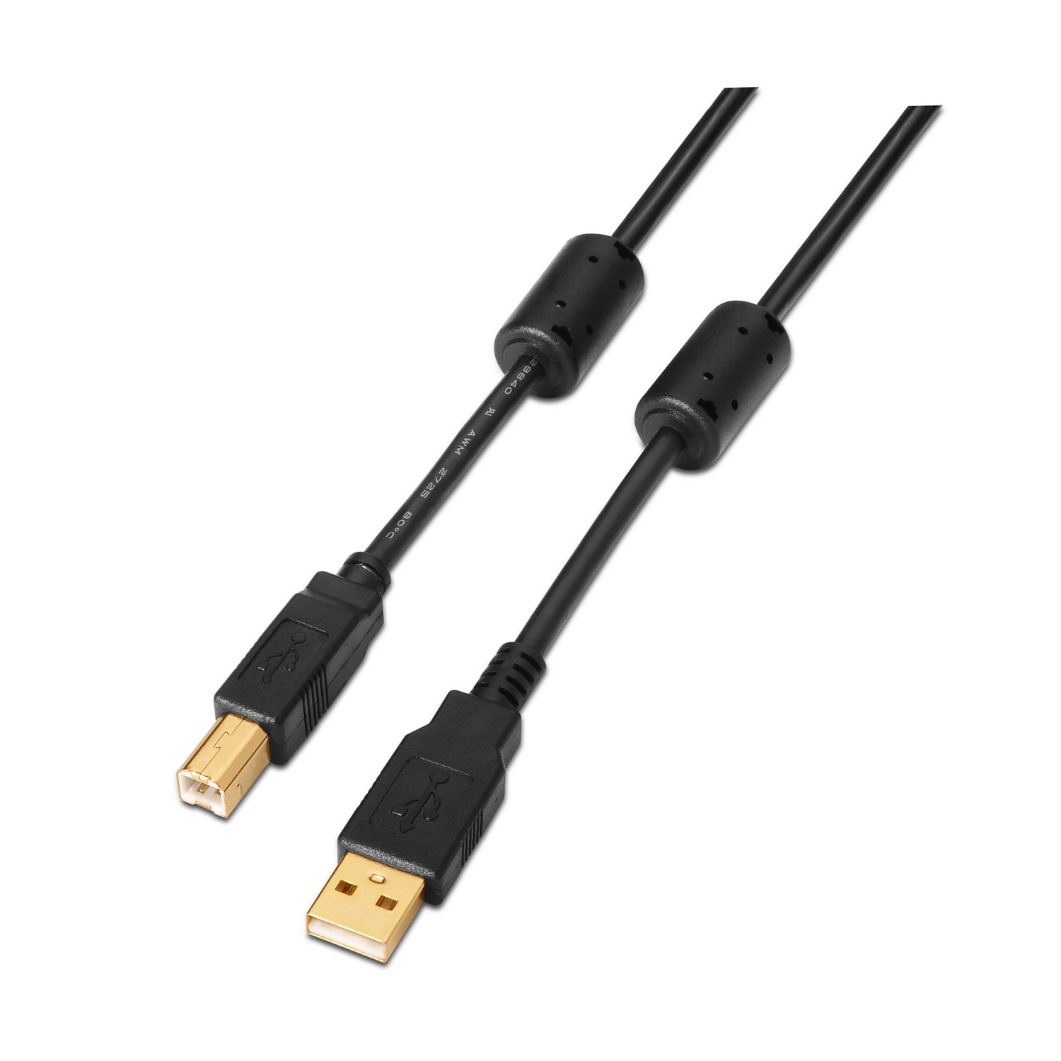 Due cavi USB neri con connettori neri, su sfondo bianco.