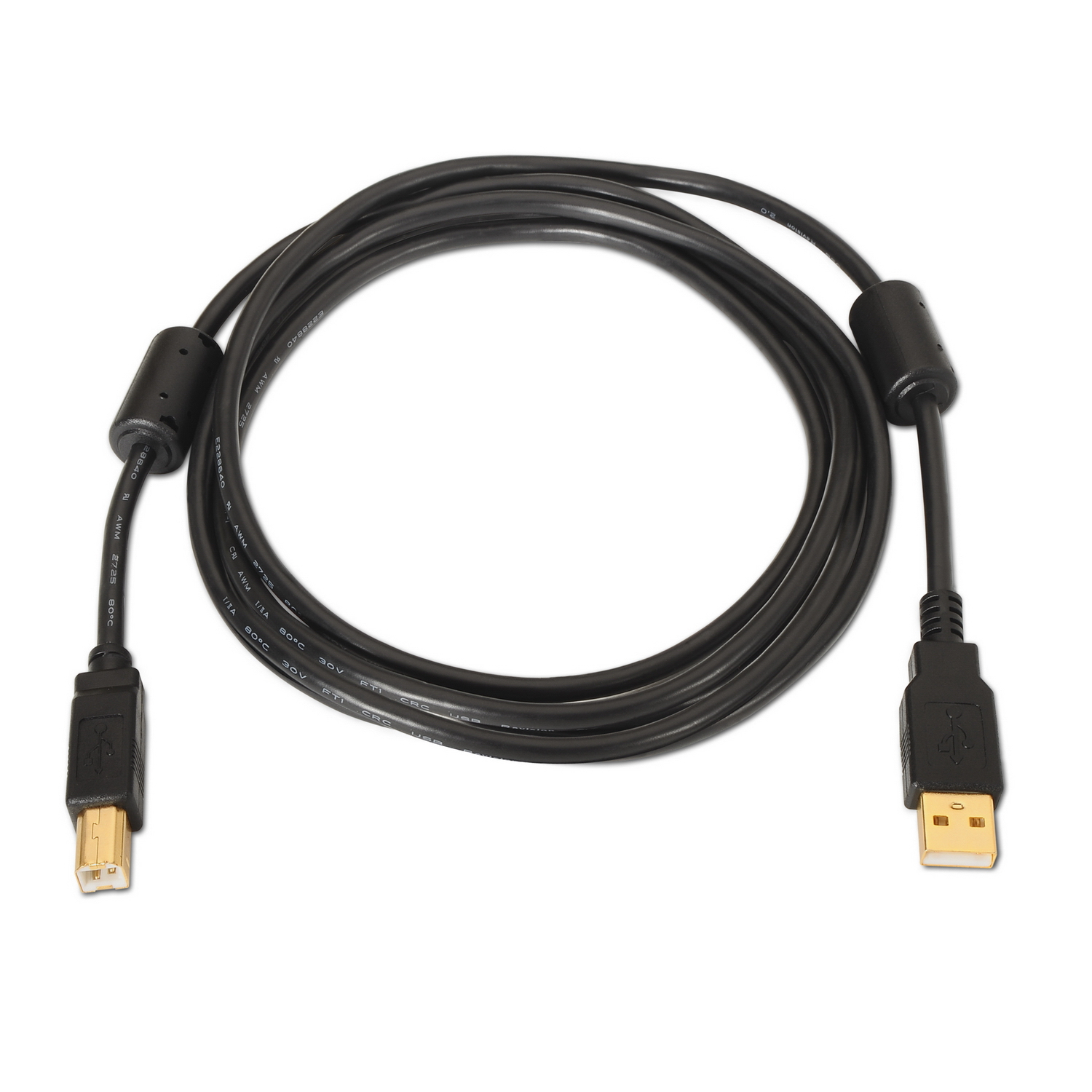 Cavo USB nero con due connettori. Connettori dorati, cavo nero, sfondo bianco.