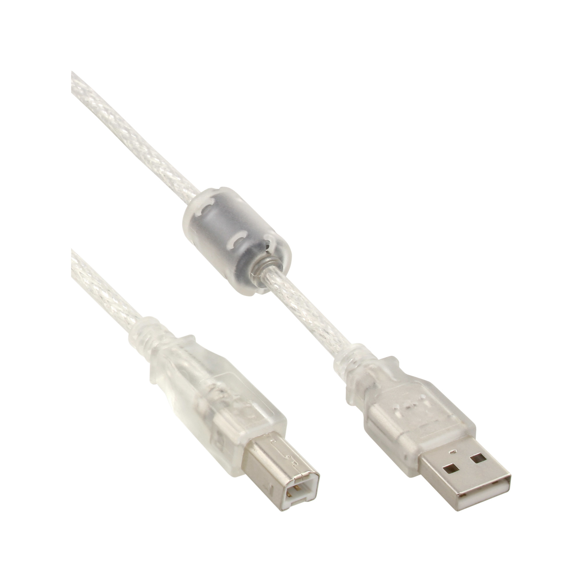 Un cavo USB bianco. Due estremità sono visibili con connettori per dispositivi.