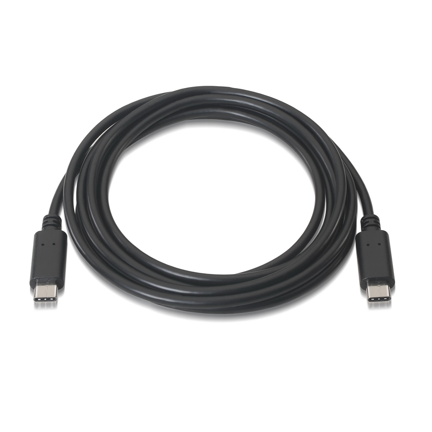 Ein schwarzes USB-C-Kabel mit Anschlüssen an beiden Enden, aufgerollt. Weißer Hintergrund.