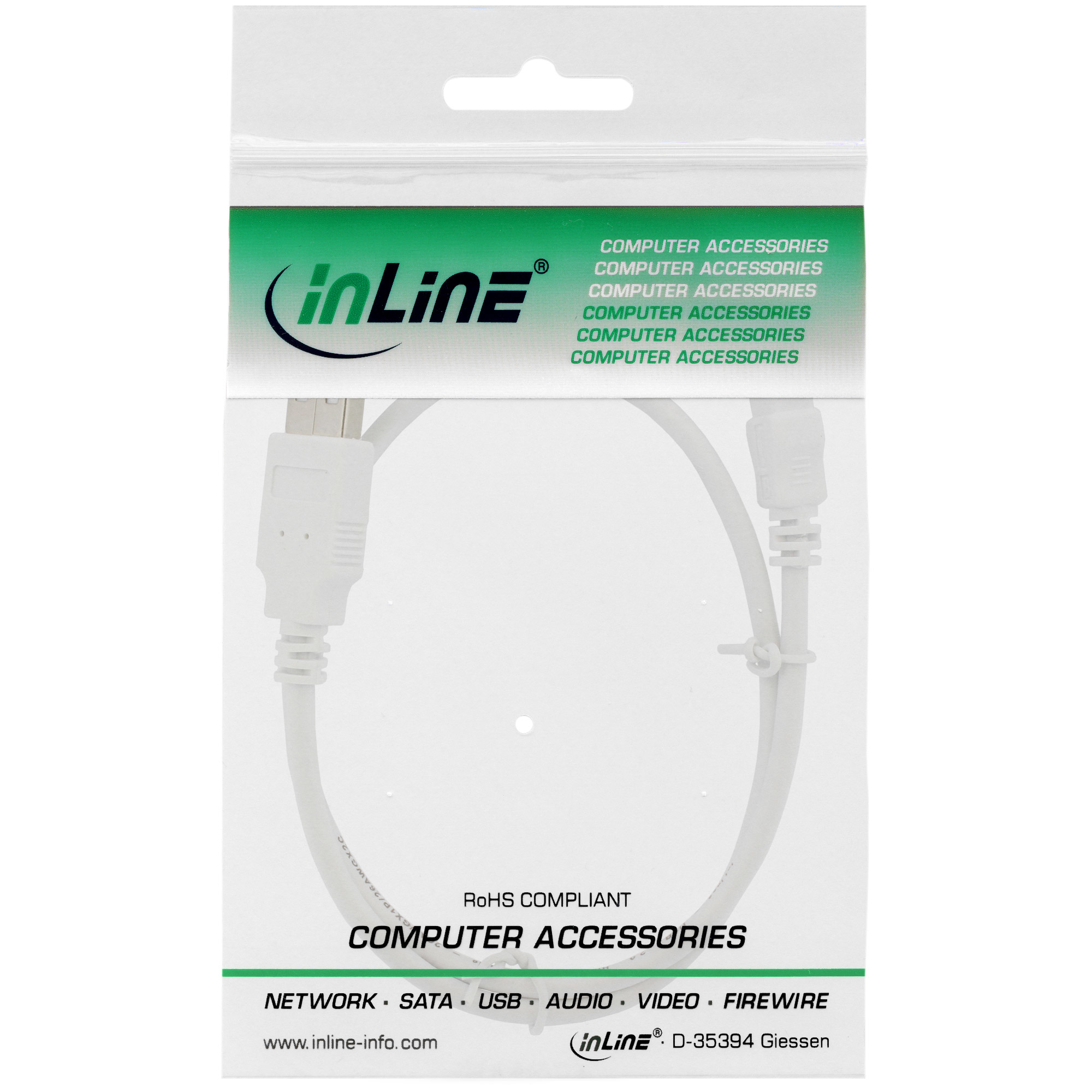 Witte USB-kabel in een transparante plastic verpakking met groene tekst.