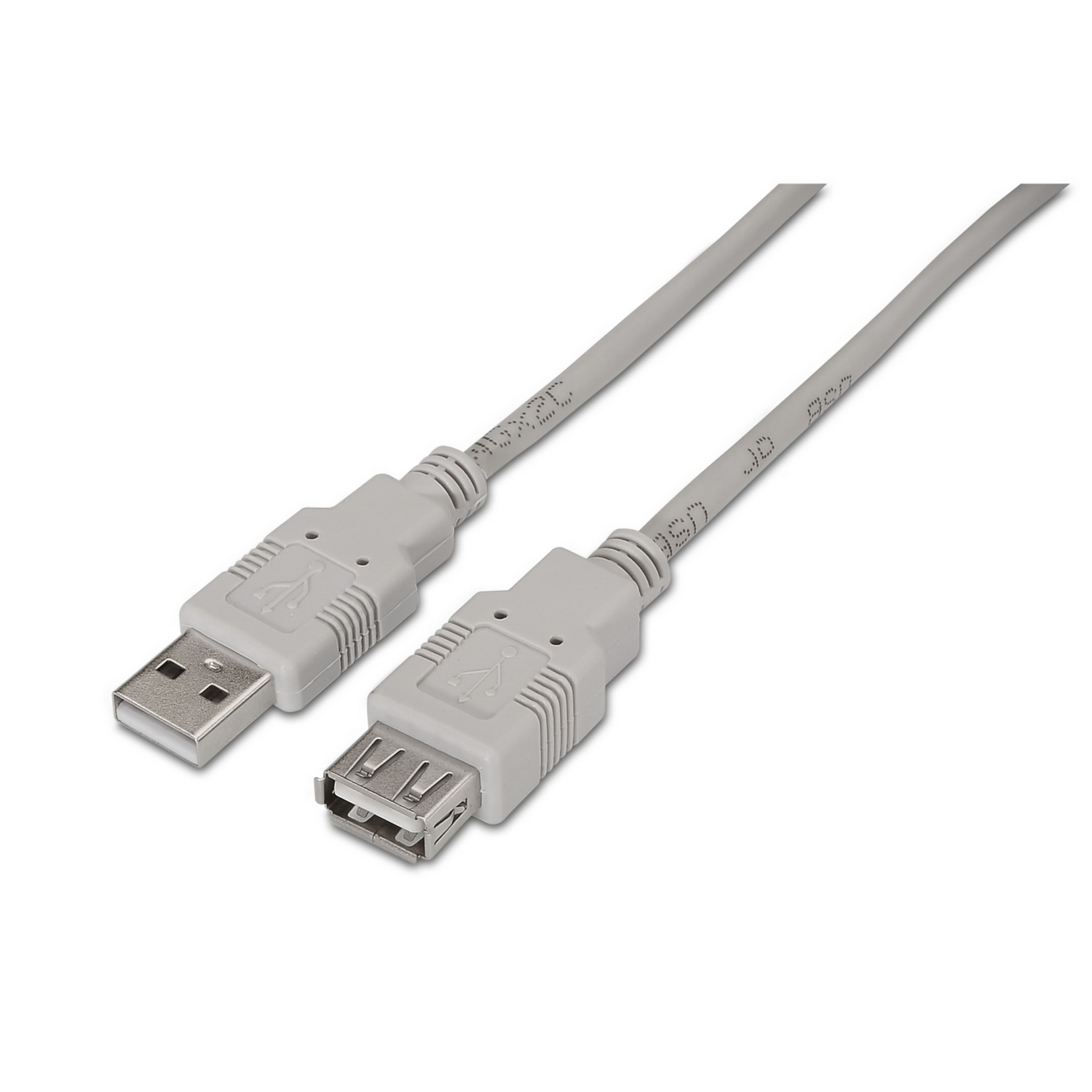 Due cavi USB grigi con connettori su sfondo bianco.
