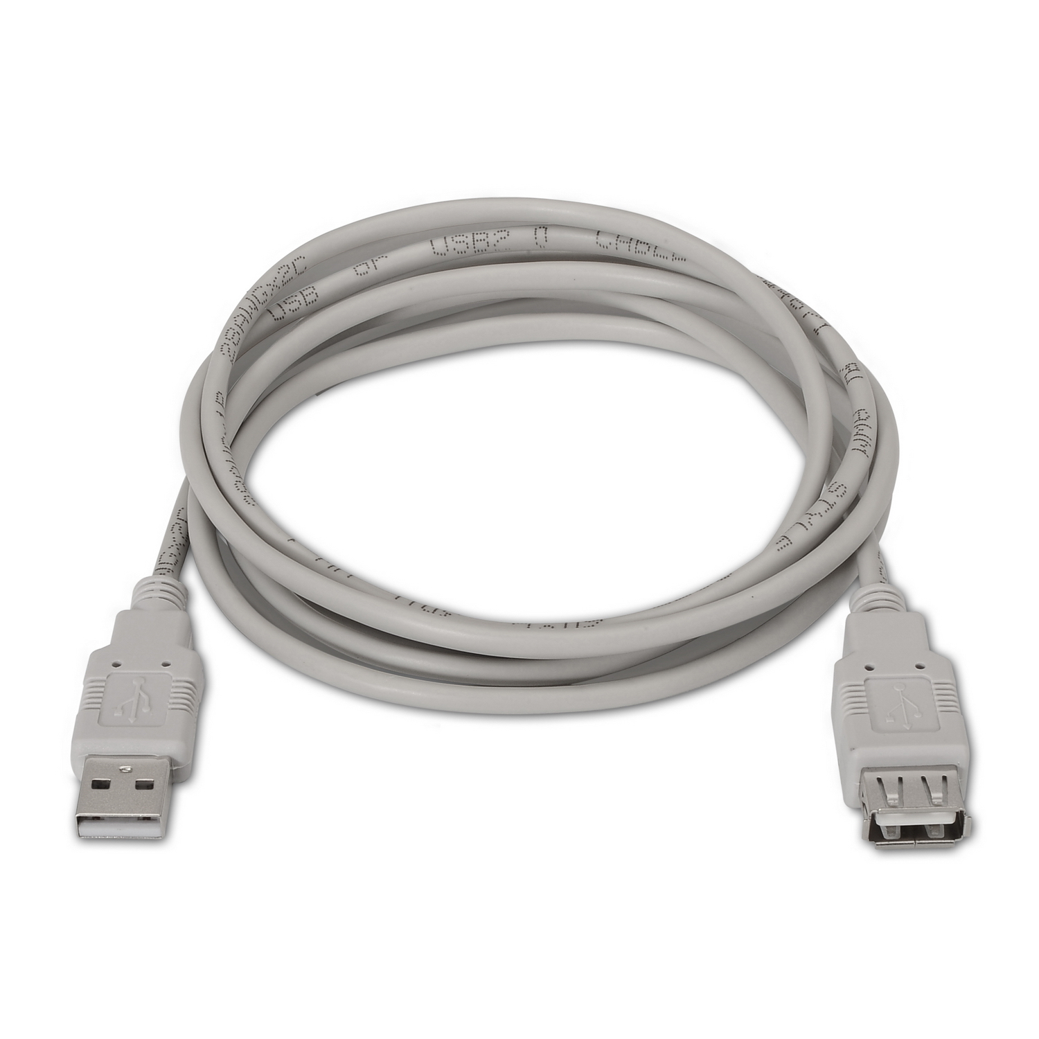 Un cavo USB grigio con connettori USB su entrambe le estremità. Lo sfondo è bianco.