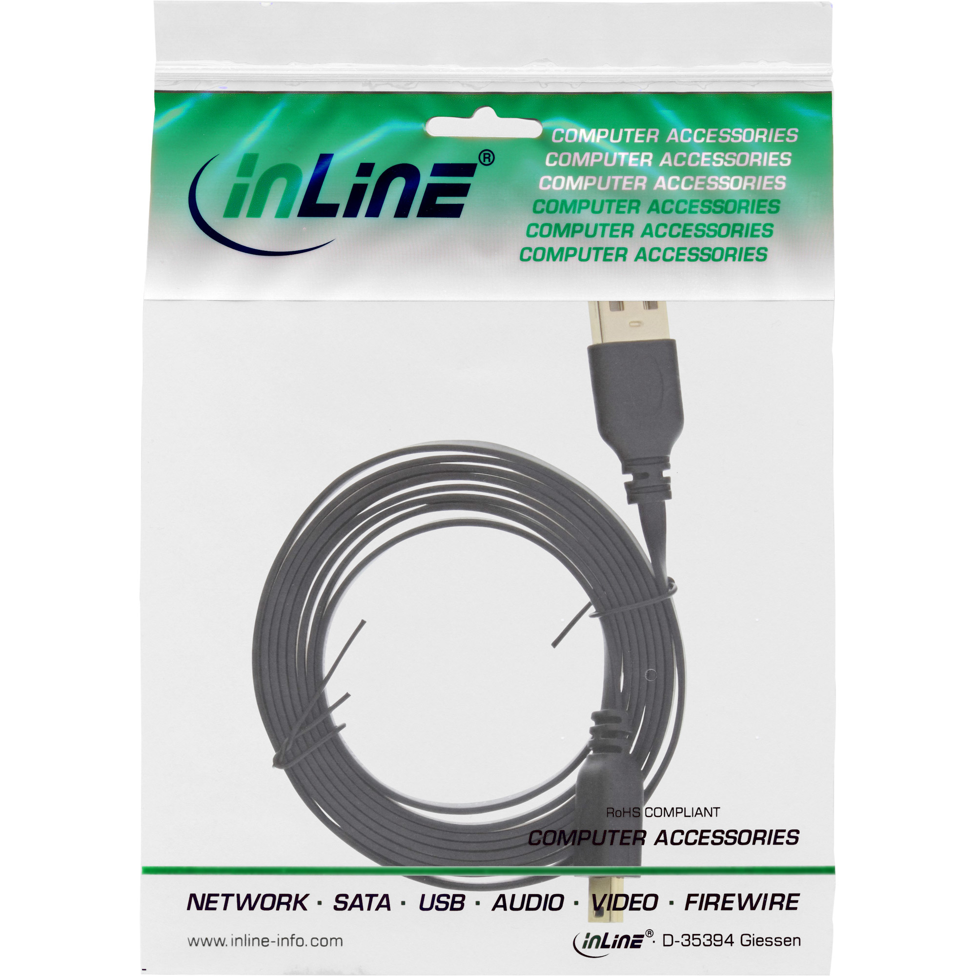 Doorzichtige plastic verpakking met een zwarte USB-kabel erin en de tekst 'Computer Accessoires'.