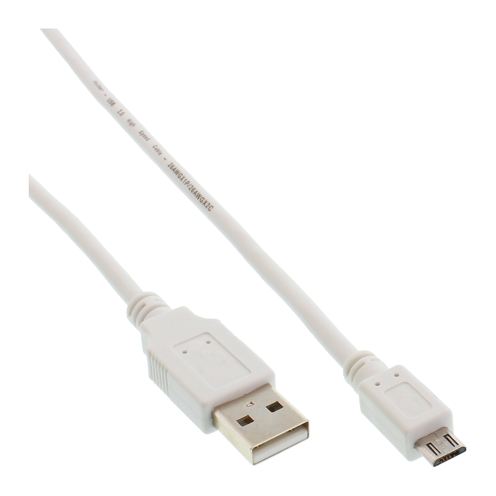 Câble USB blanc vers micro-USB. Le câble a des marquages USB 2.0.