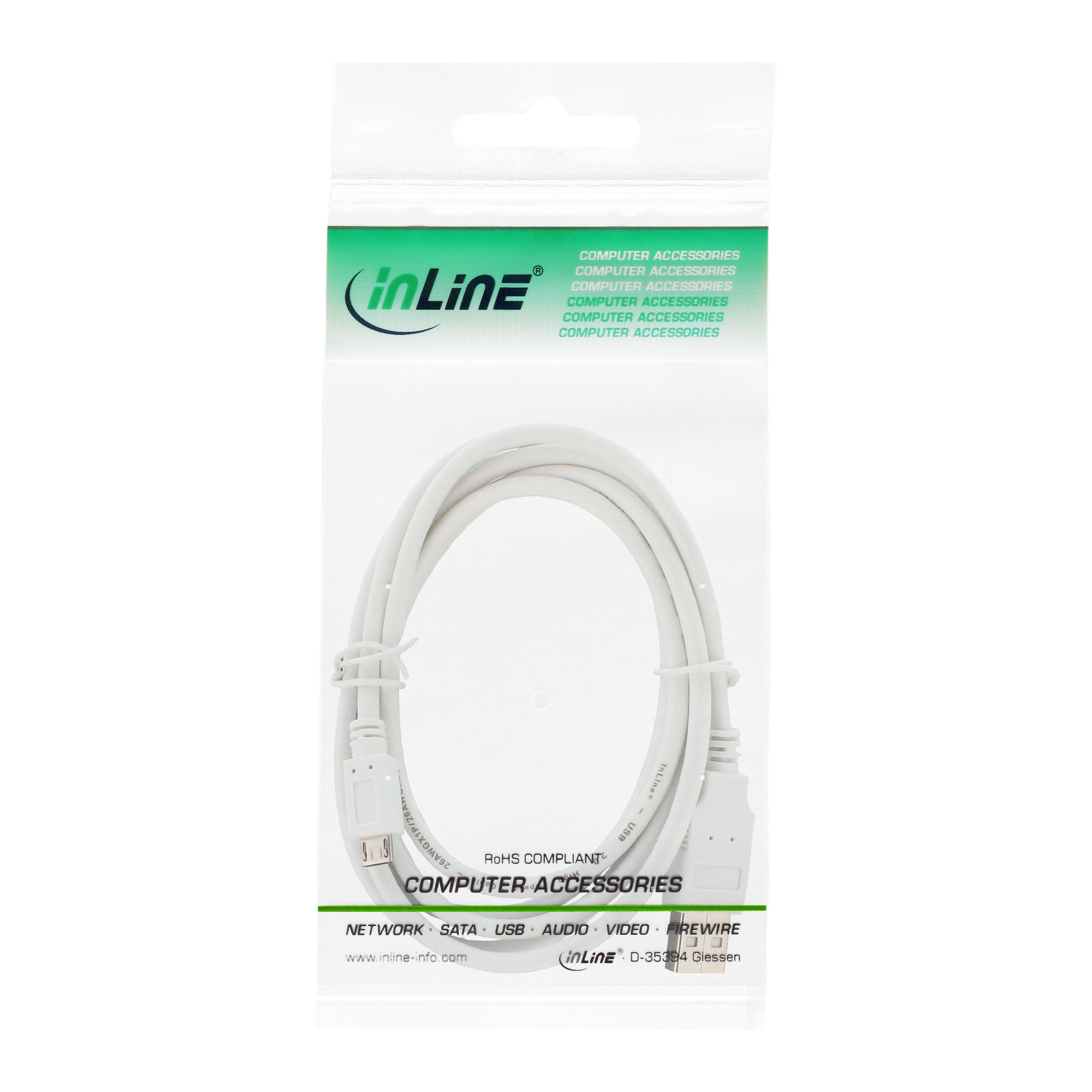 Câble USB blanc dans un emballage plastique avec marquage vert et blanc.