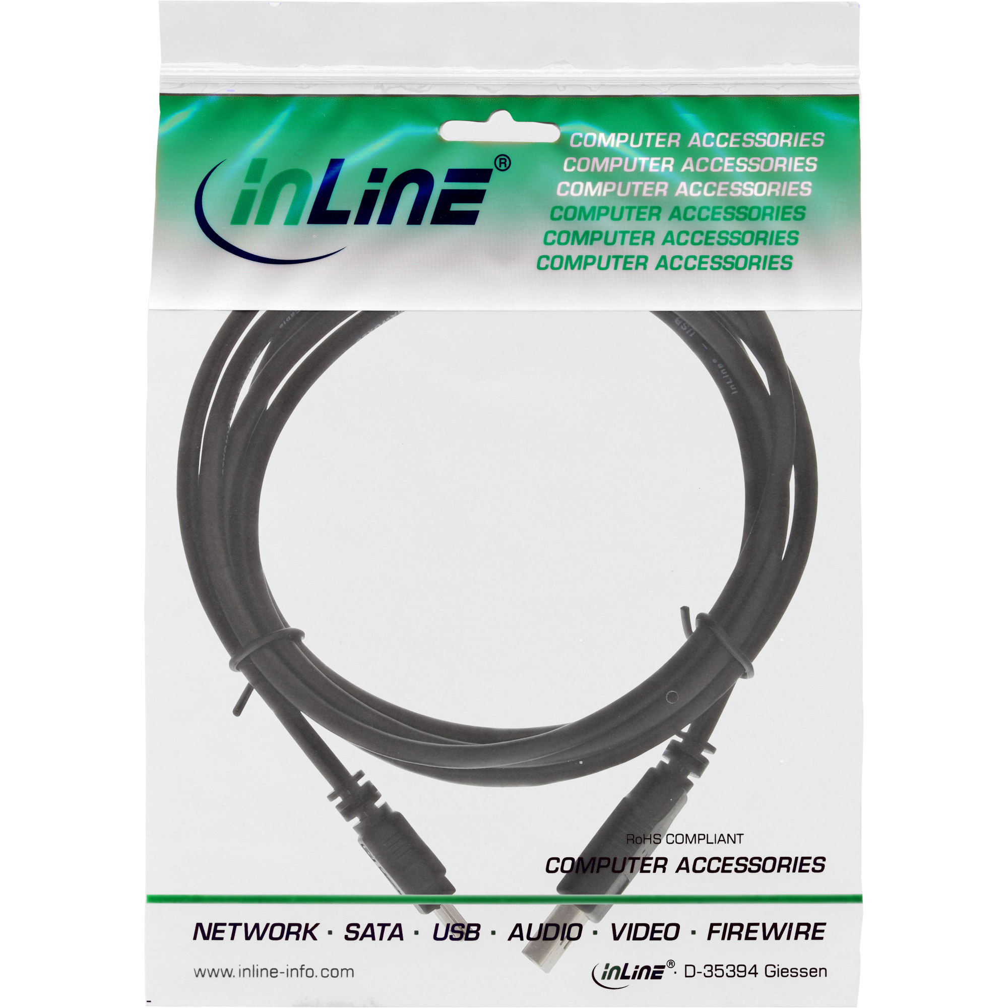 Zwarte kabel opgerold, in transparante plastic zak, met inline logo en tekst computeraccessoires.