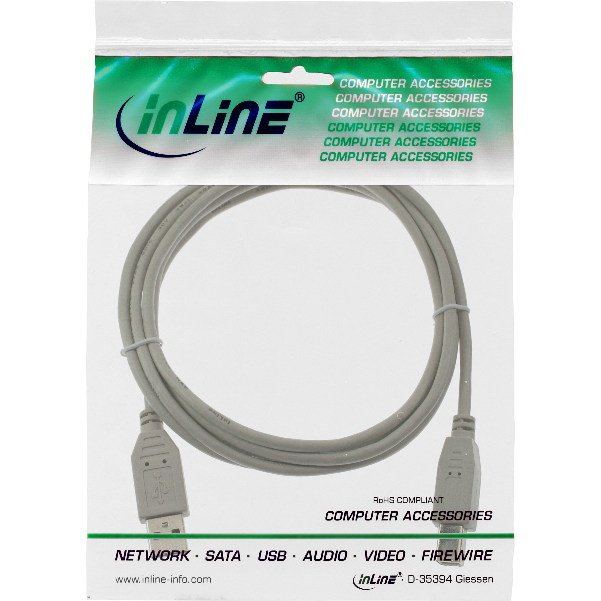 Confezione trasparente con cavo USB grigio. Testo e logo sulla confezione.
