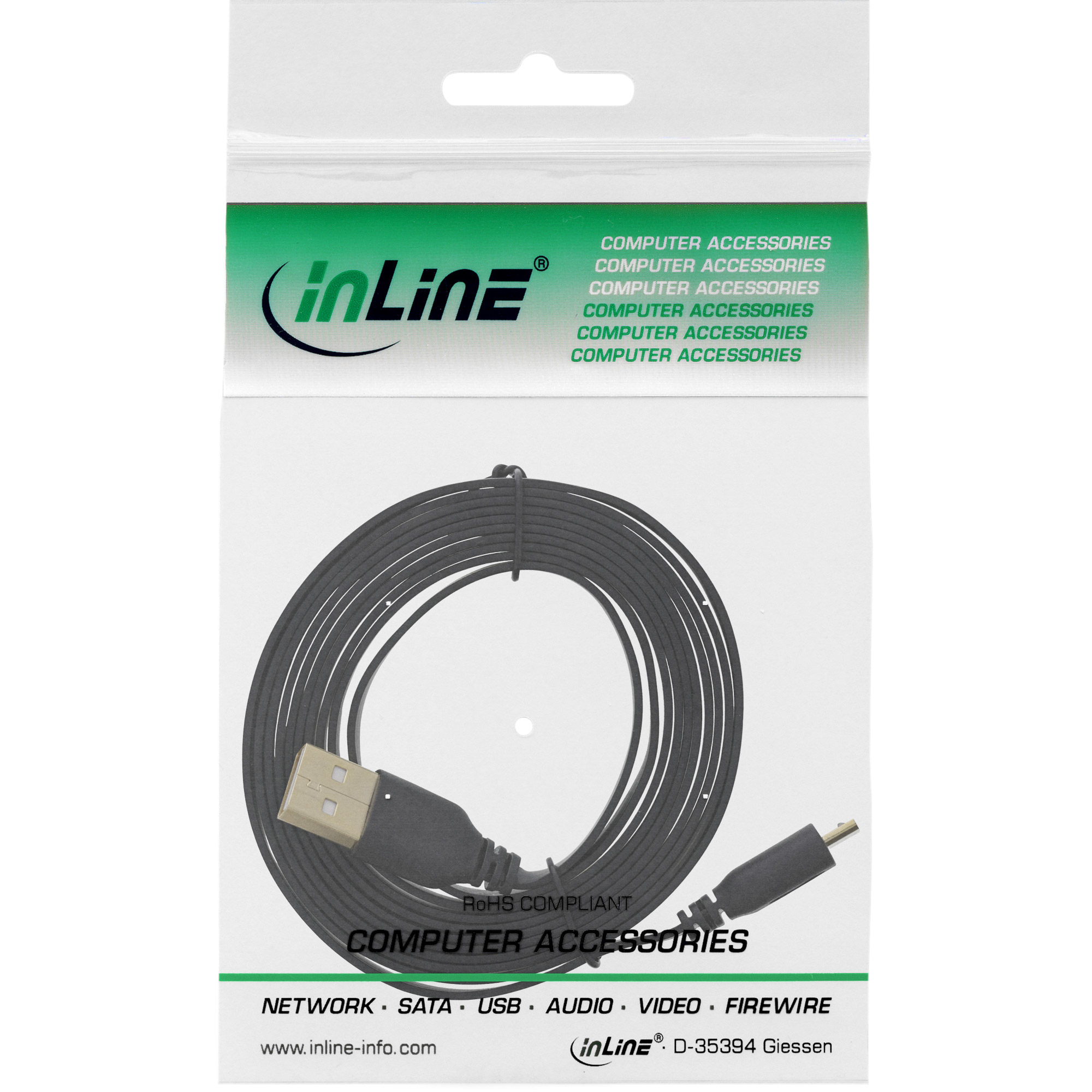Zwarte USB-kabel in een plastic verpakking. De verpakking heeft een groen en wit design.