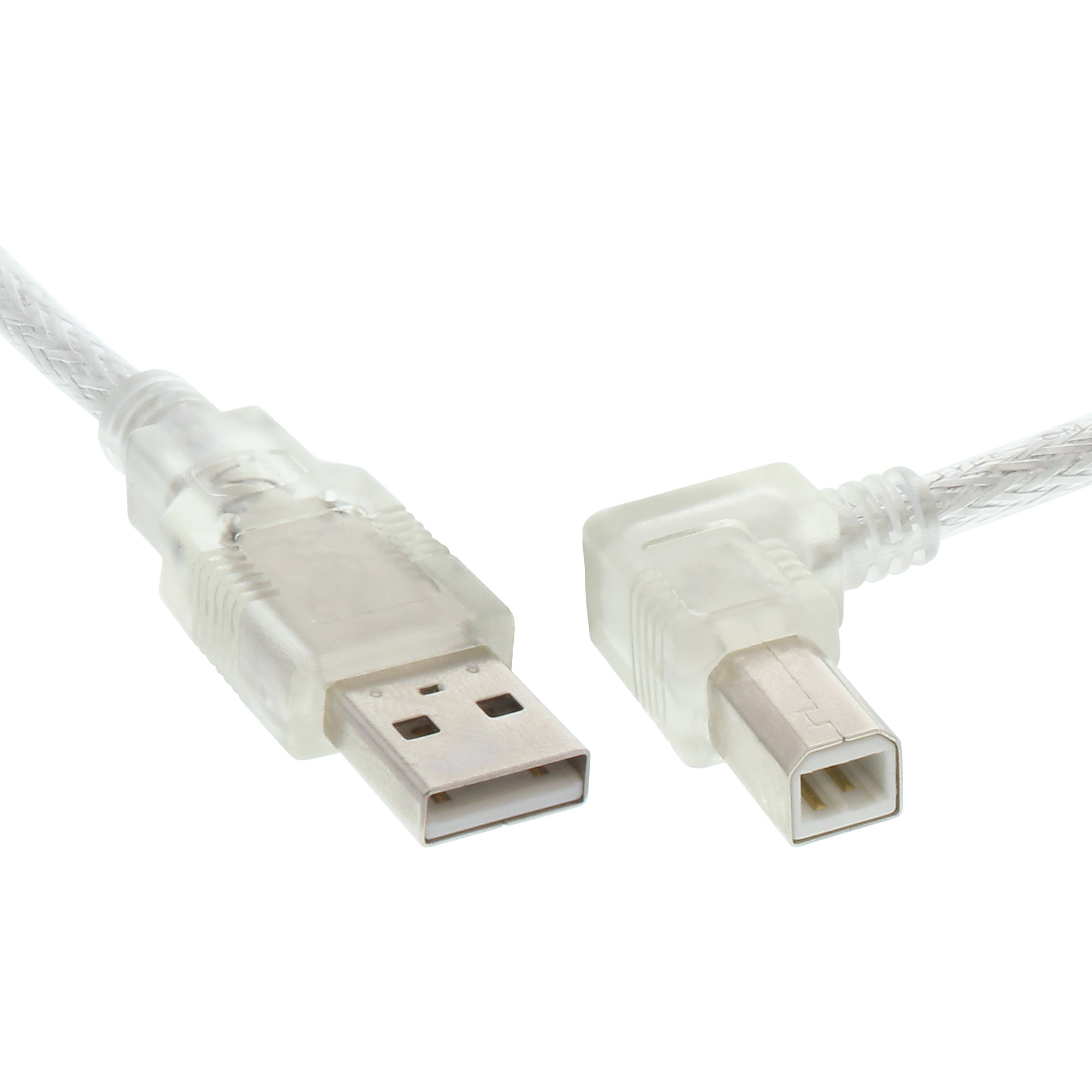 Cavo USB con estremità USB e micro USB. Sfondo bianco.