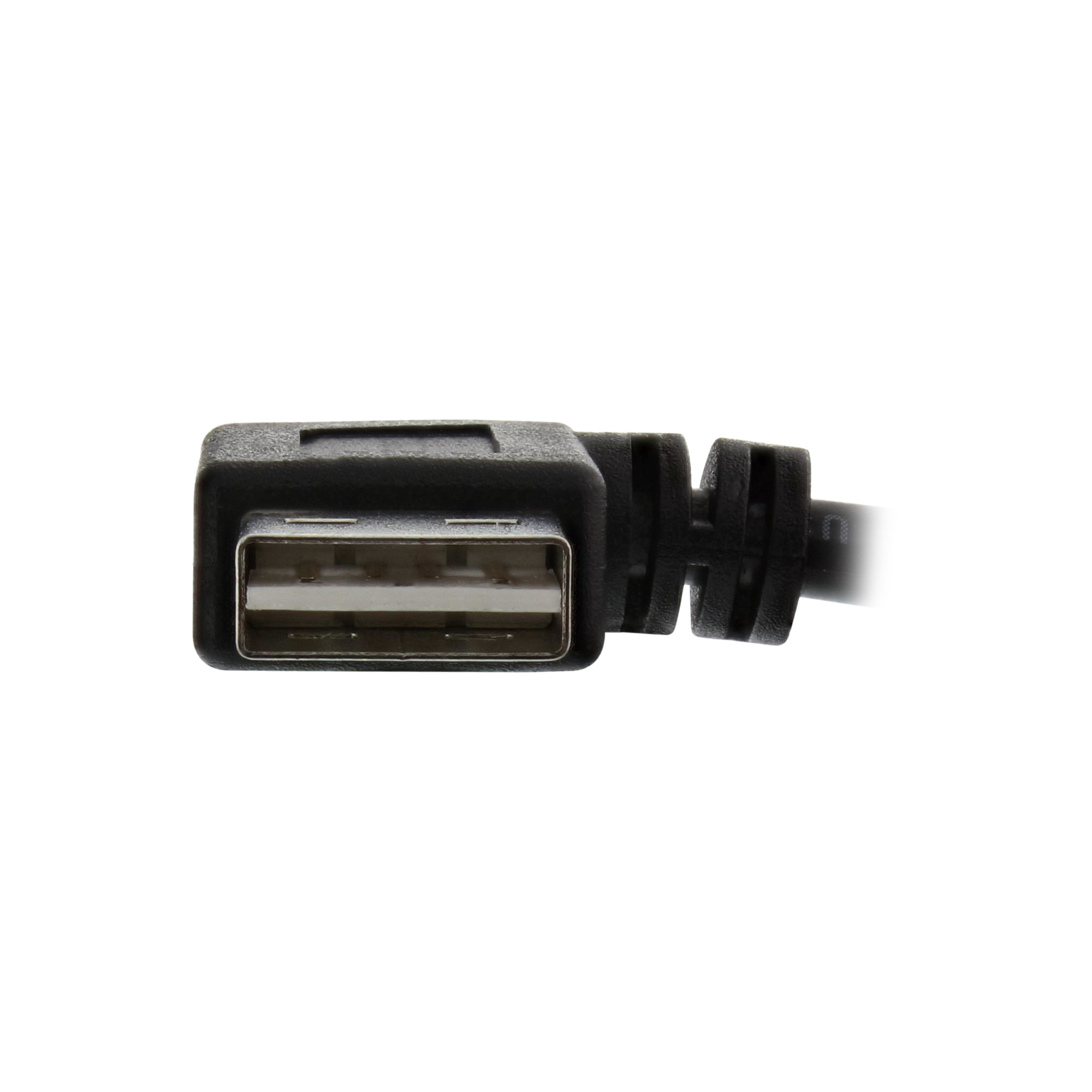 Gros plan sur un connecteur USB noir avec un intérieur blanc. Le connecteur est sur fond blanc.