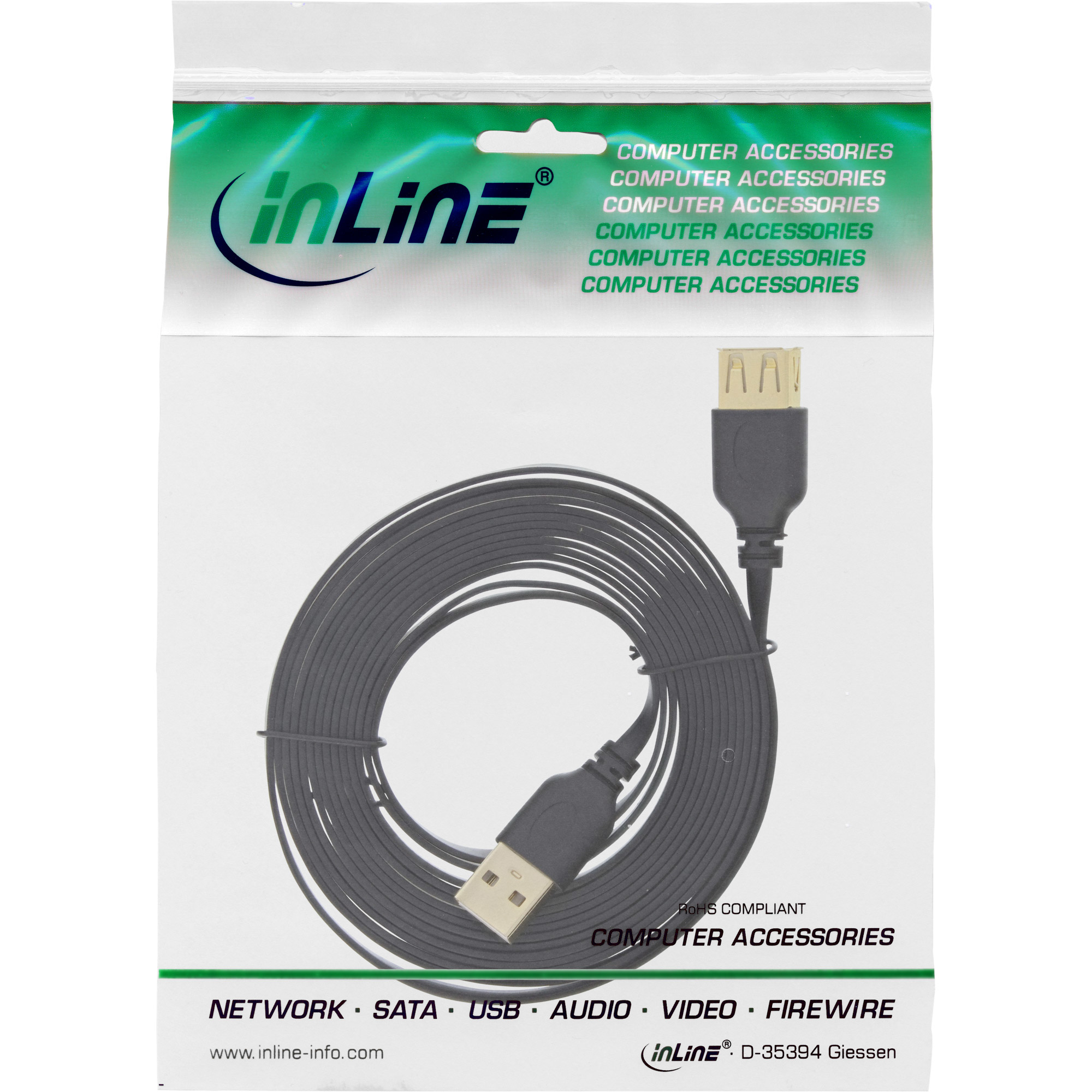Un câble USB noir dans un emballage plastique est présenté sur fond blanc. L'emballage indique 'Accessoires informatiques'.