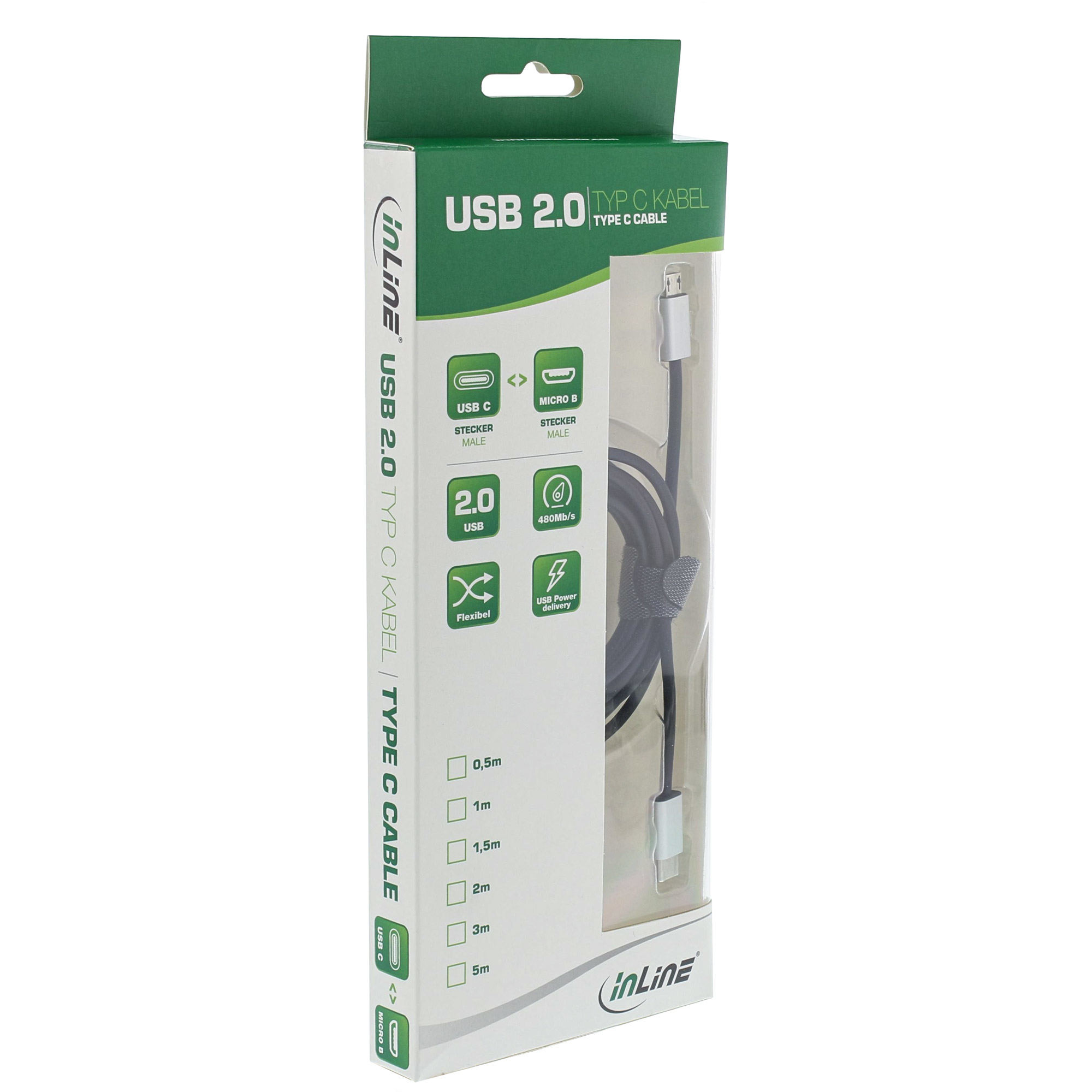 USB 2.0 Type C-kabel in een doos. Toont USB C- en Micro B-mannetjesconnectoren.