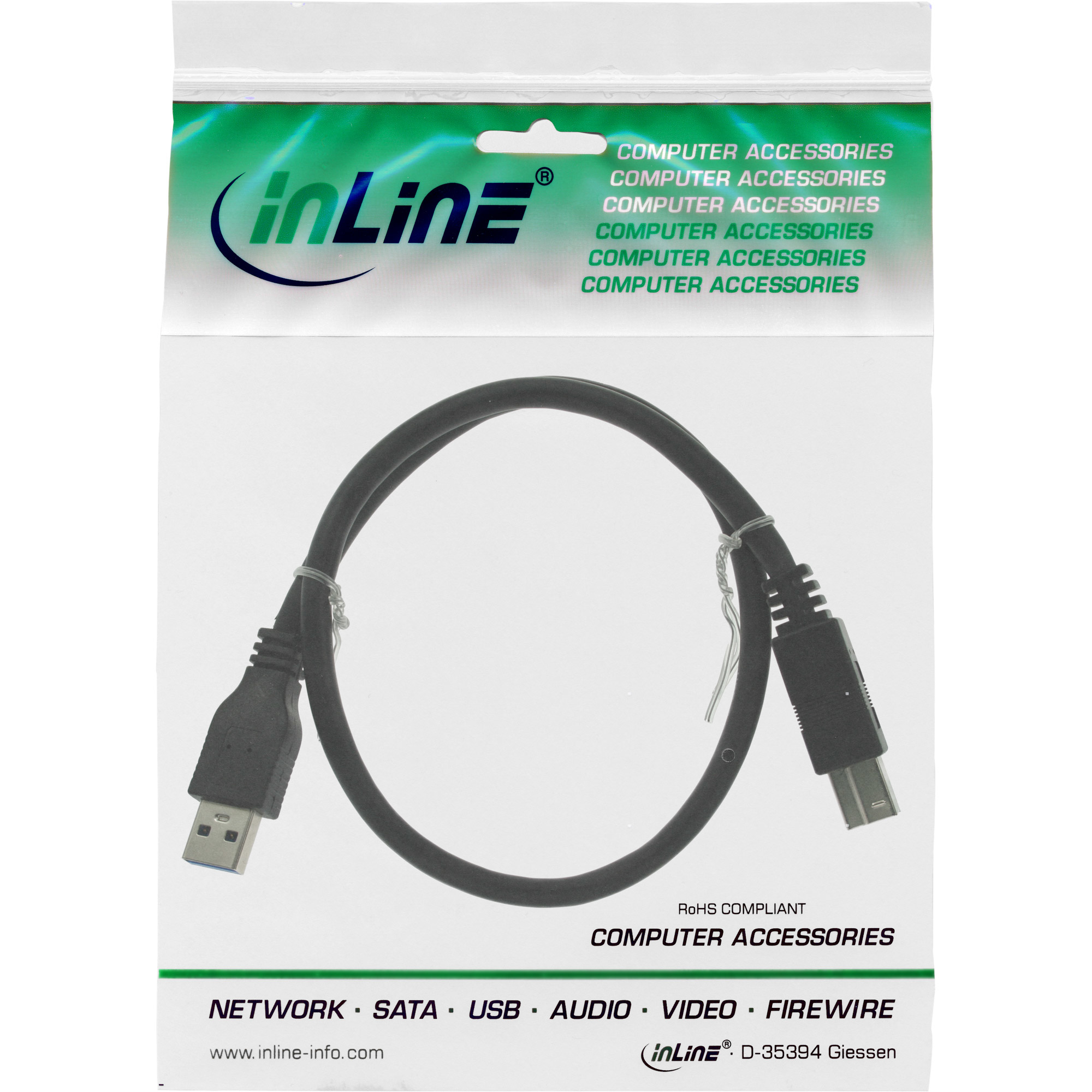 Câble USB noir dans un sac plastique avec du texte.