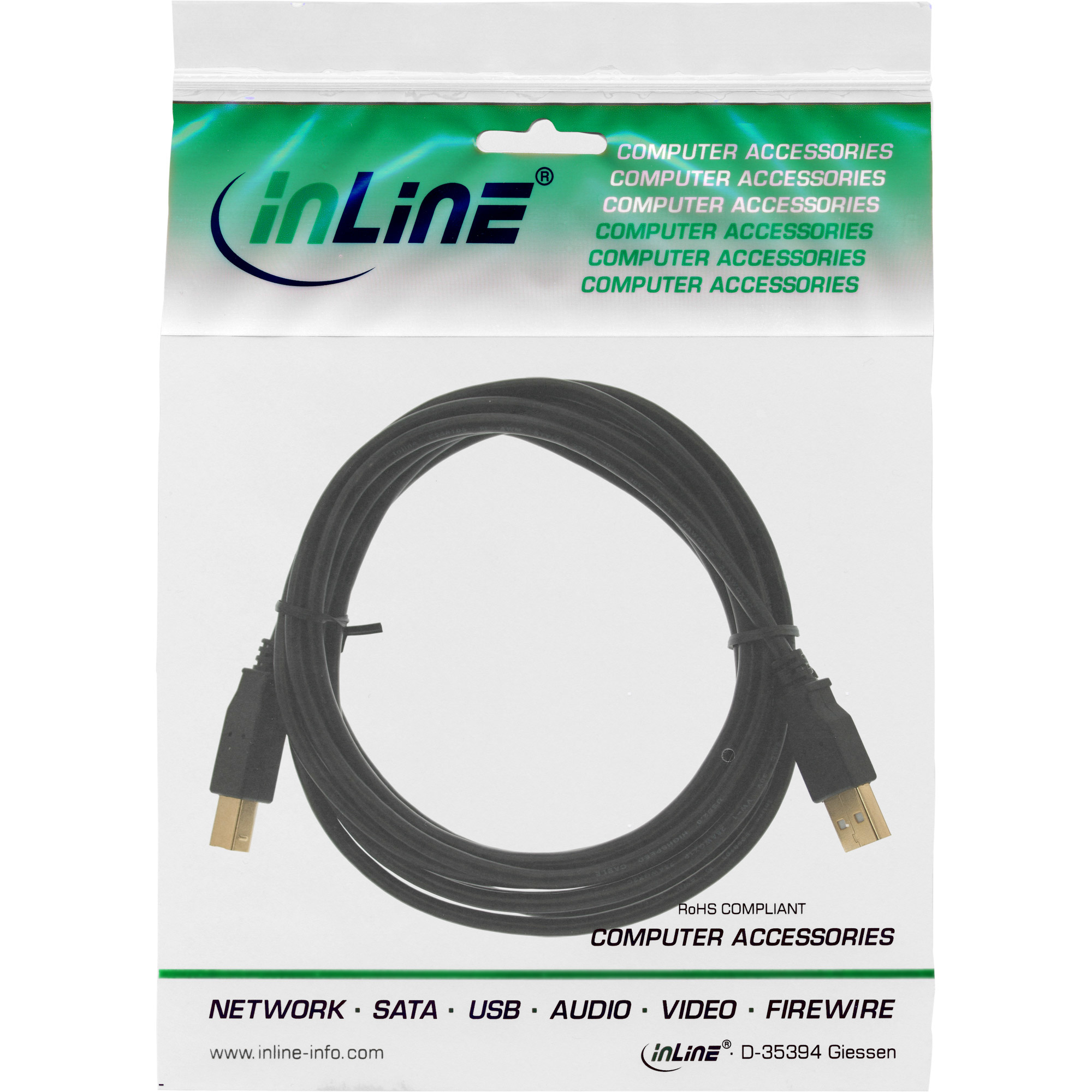 Czarny kabel USB w plastikowym opakowaniu z napisem 'Akcesoria komputerowe'.
