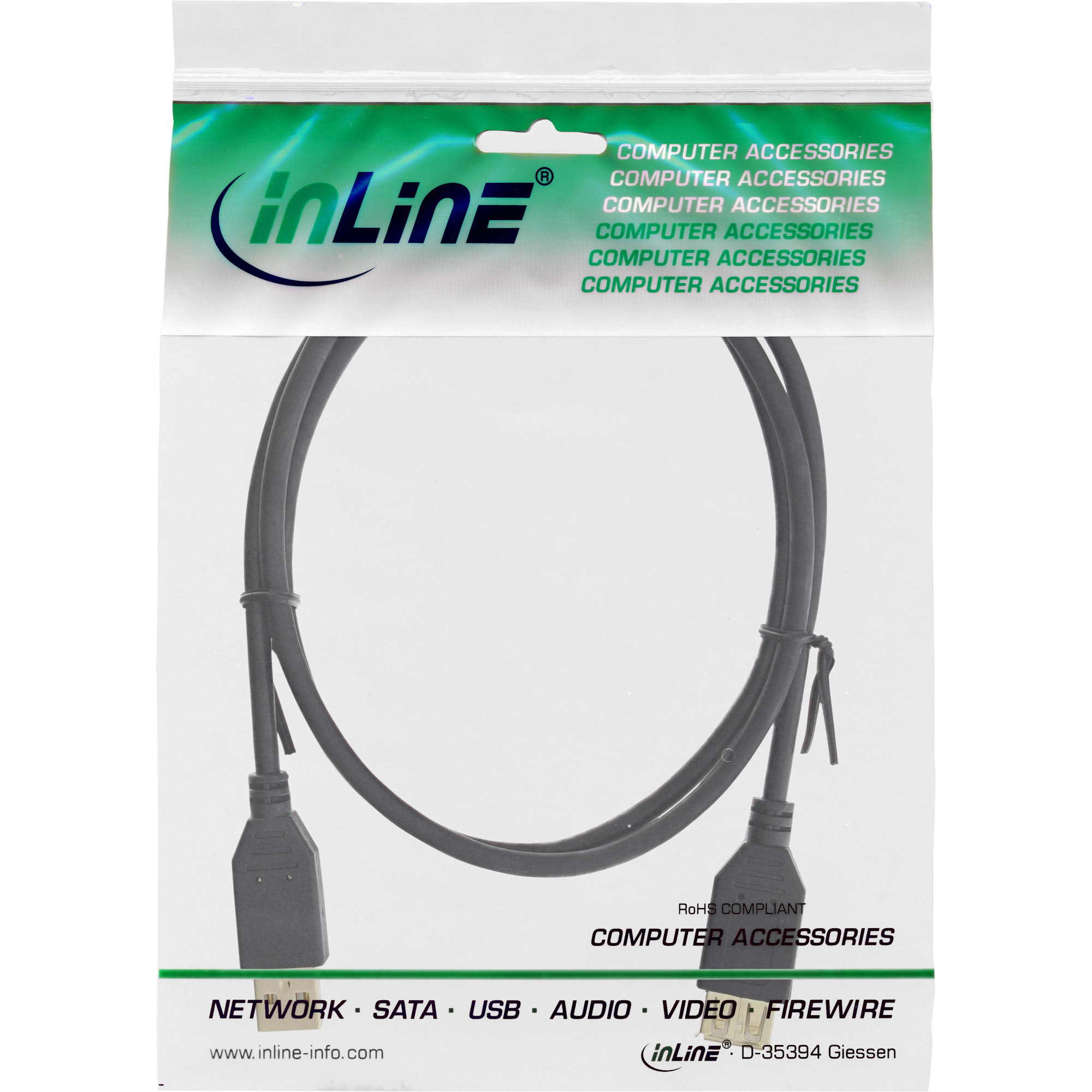 USB-Kabel in einer transparenten Plastikverpackung mit Produkt- und Markeninfo.