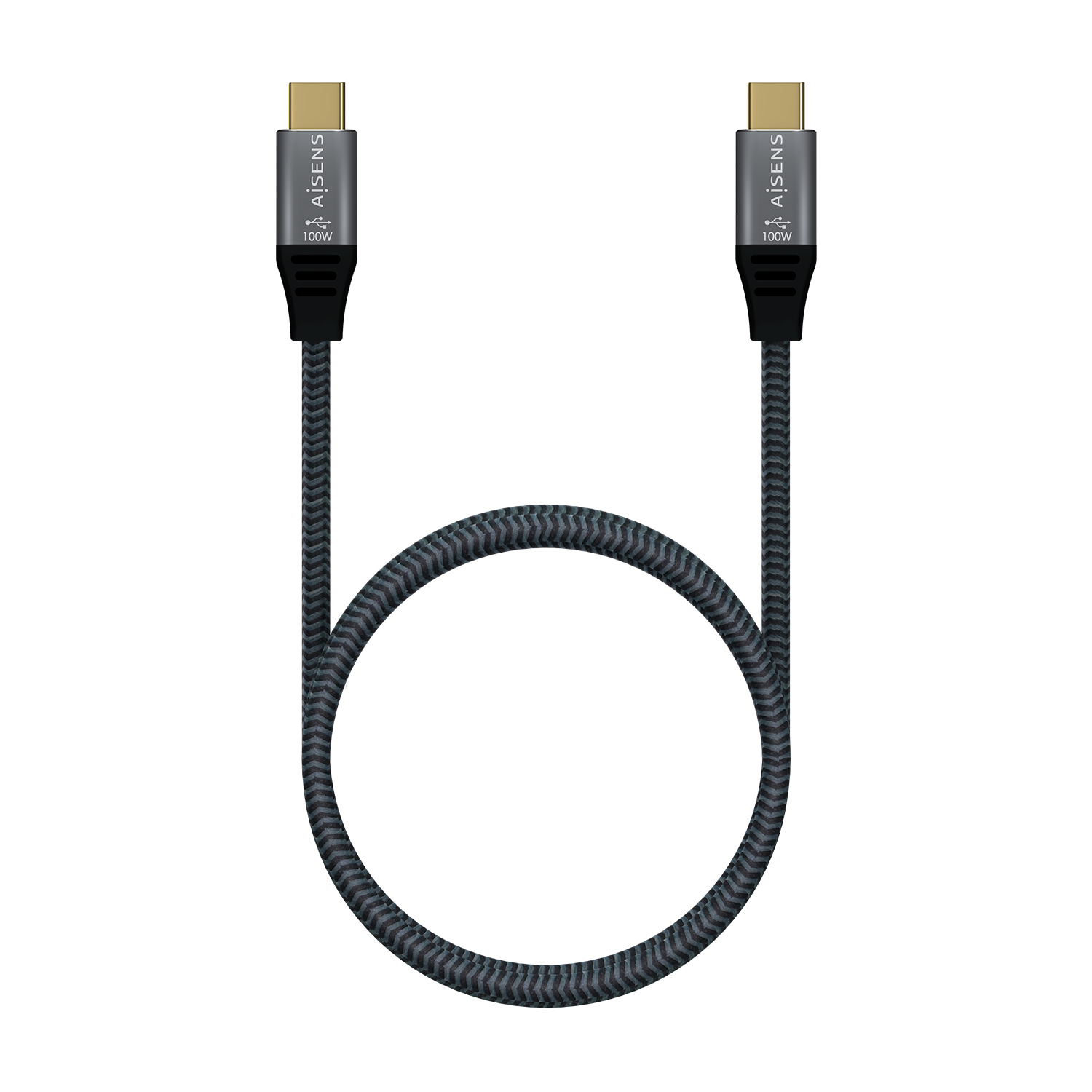 Schwarz-graues USB-C-Kabel mit Anschlüssen an beiden Enden. Weißer Hintergrund.