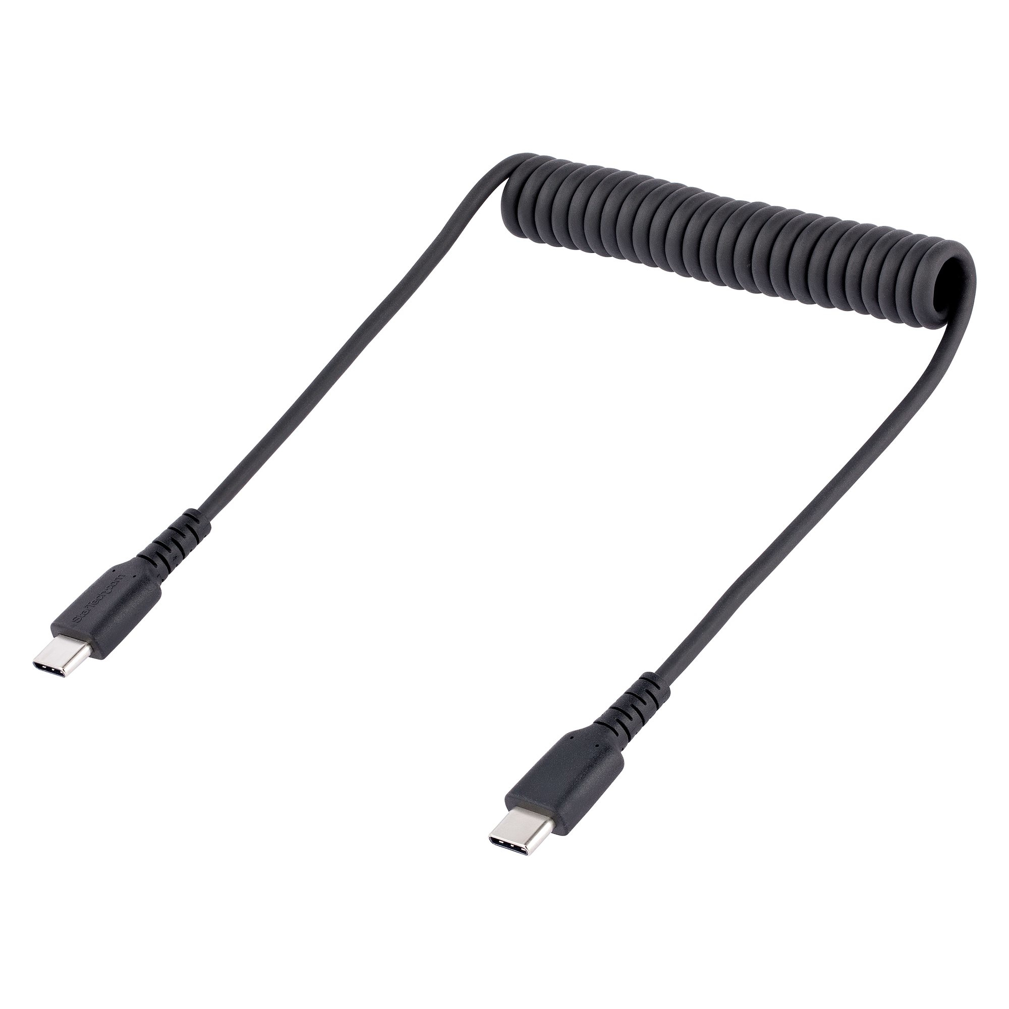 Cavo USB-C nero, a spirale. Due connettori USB-C su ciascuna estremità. Spirale grigia.