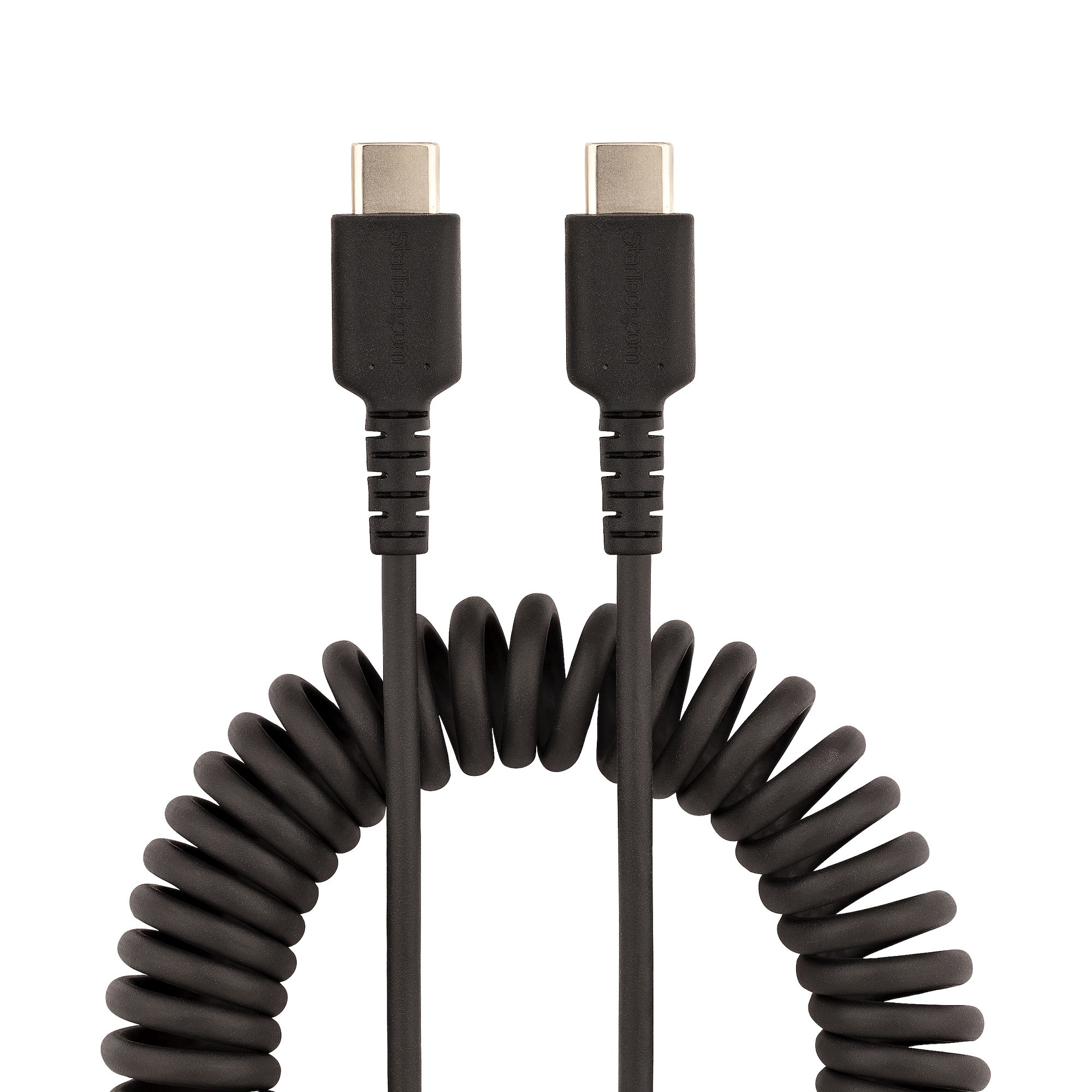 Cavo a spirale nero con due connettori USB-C. I connettori sono neri e hanno una punta metallica.