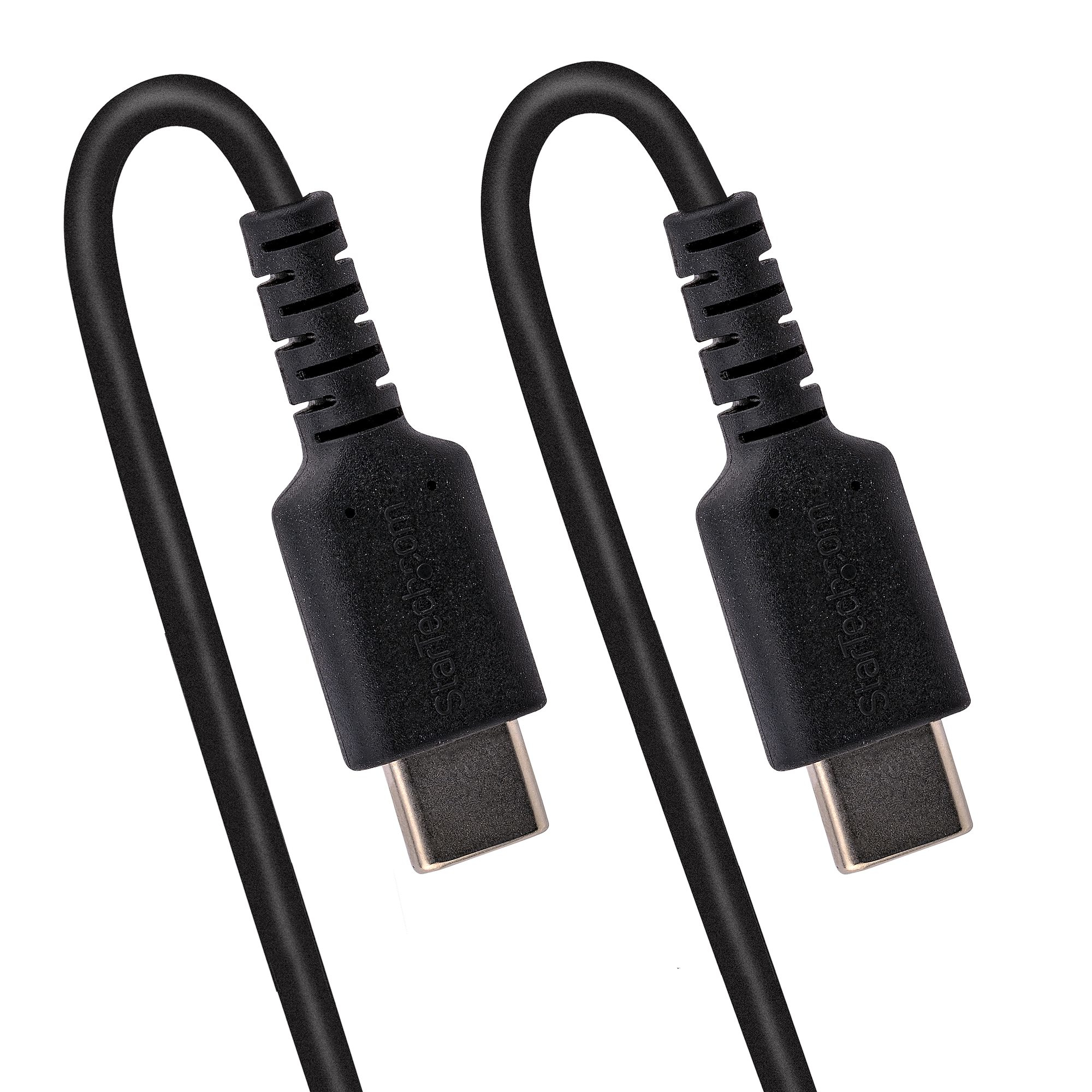 Due cavi USB-C neri su sfondo bianco. I connettori sono visibili.