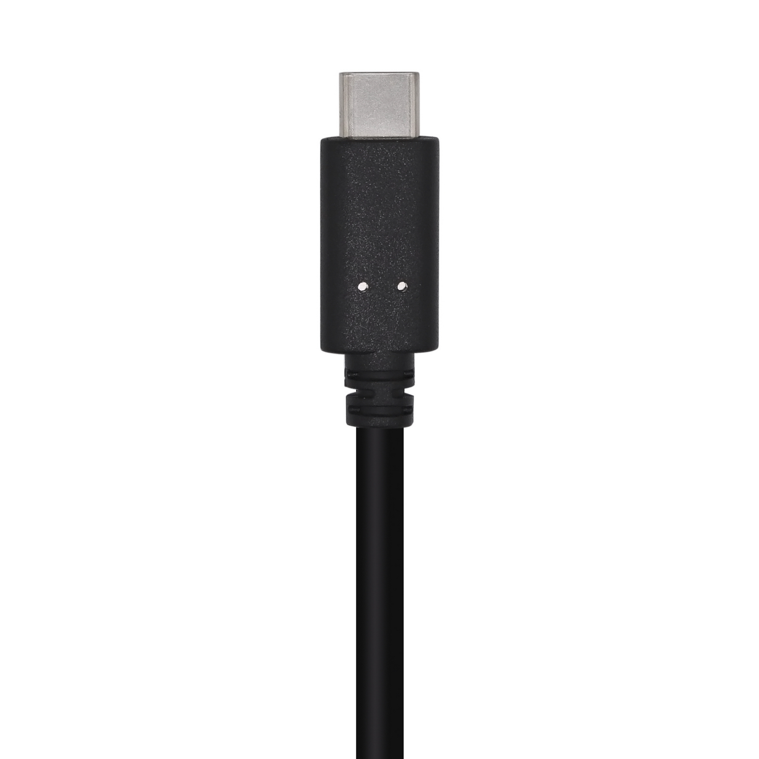 Close-up van een zwarte USB-C-kabel met een connector aan het einde.