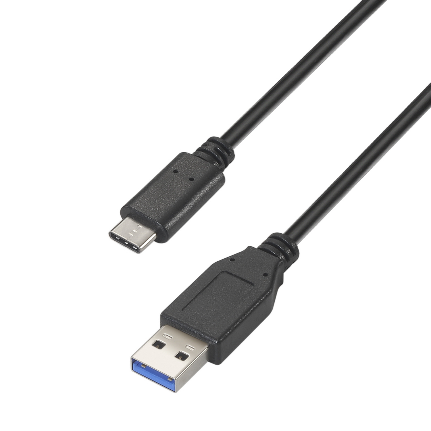 Een zwarte USB-C naar USB-kabel. Eén uiteinde heeft een USB-C-connector en de andere een USB-A-connector.