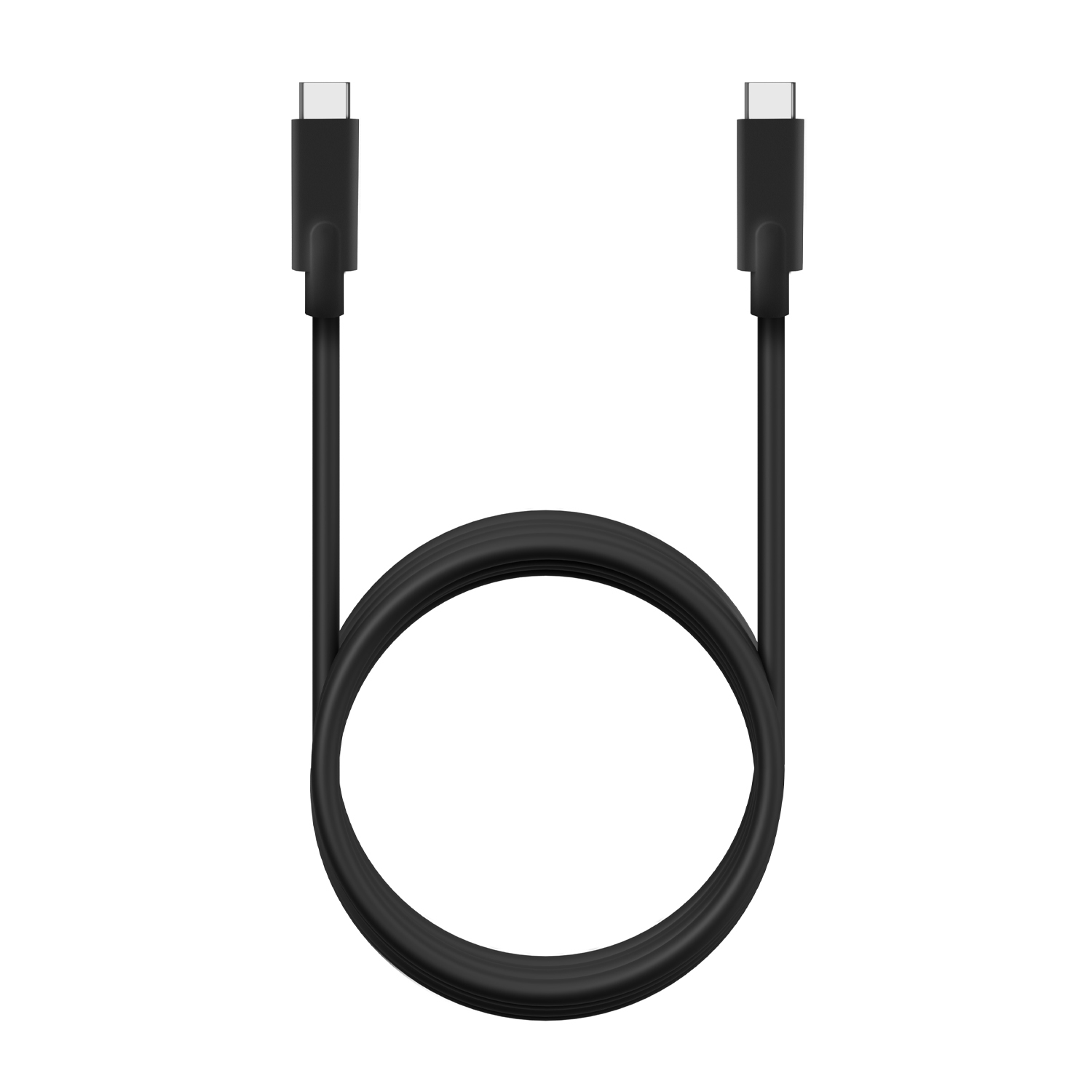 Black USB-C cable with connectors on both ends, forming a loop on white background.