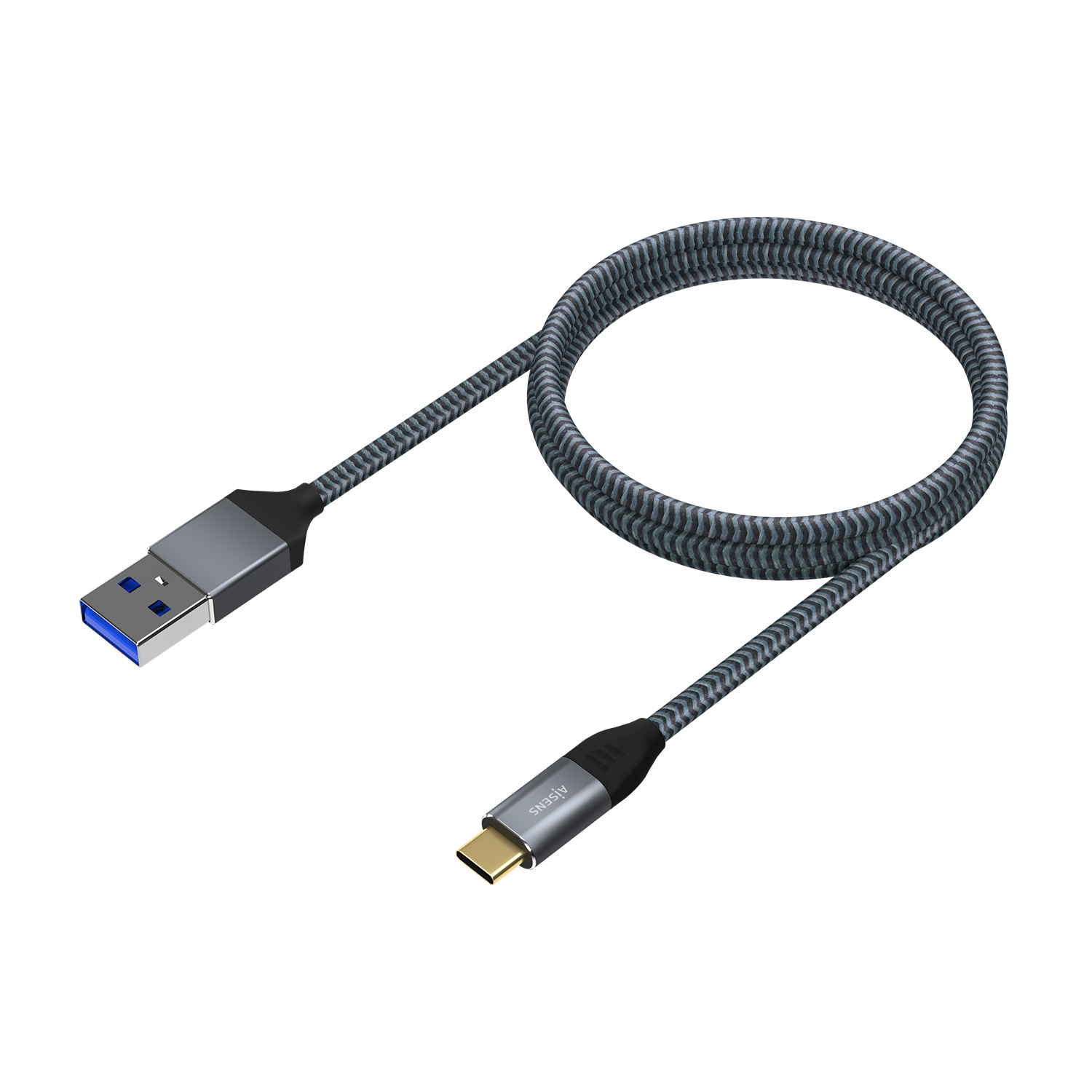 USB naar USB-C kabel, grijs en zwart gevlochten, met blauwe USB-connector op witte achtergrond.