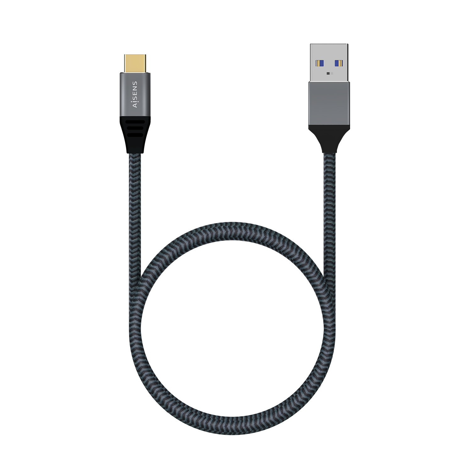 Een USB-C naar USB-A-kabel, met een getextureerde donkergrijze kabel en witte achtergrond.