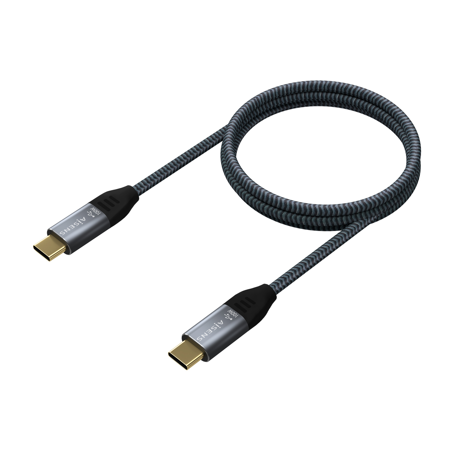 Ein USB-C-Kabel, grau mit schwarzen Streifen, mit USB-C-Anschlüssen an jedem Ende.