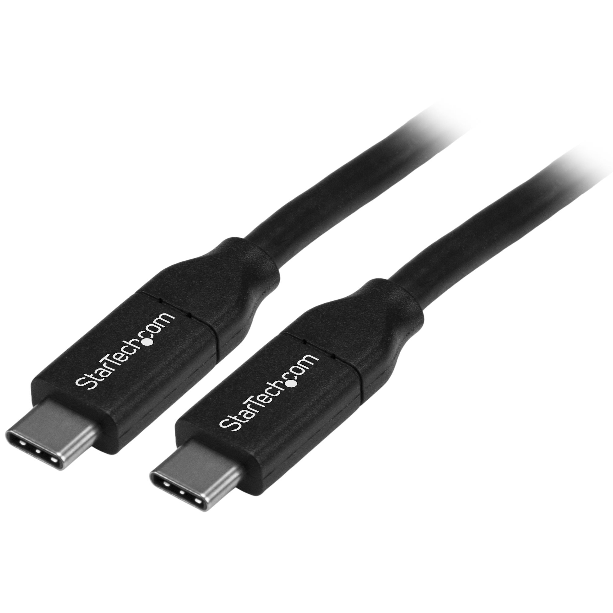 Twee zwarte USB-C-kabels, met StarTech.com-merk, op een witte achtergrond.