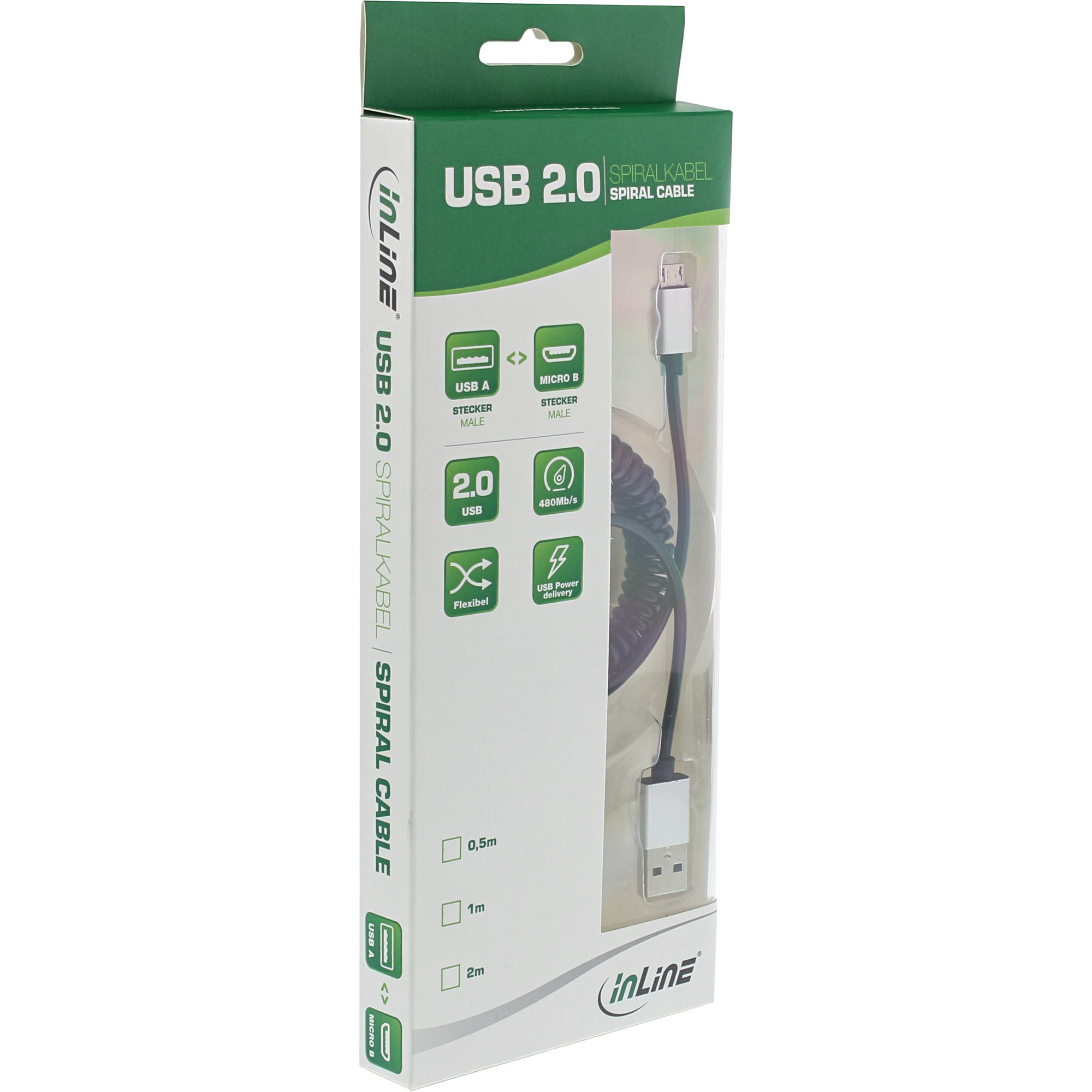 Een USB 2.0 spiraalkabel in een doos. De doos toont de kabel, USB A en Micro B connectoren.