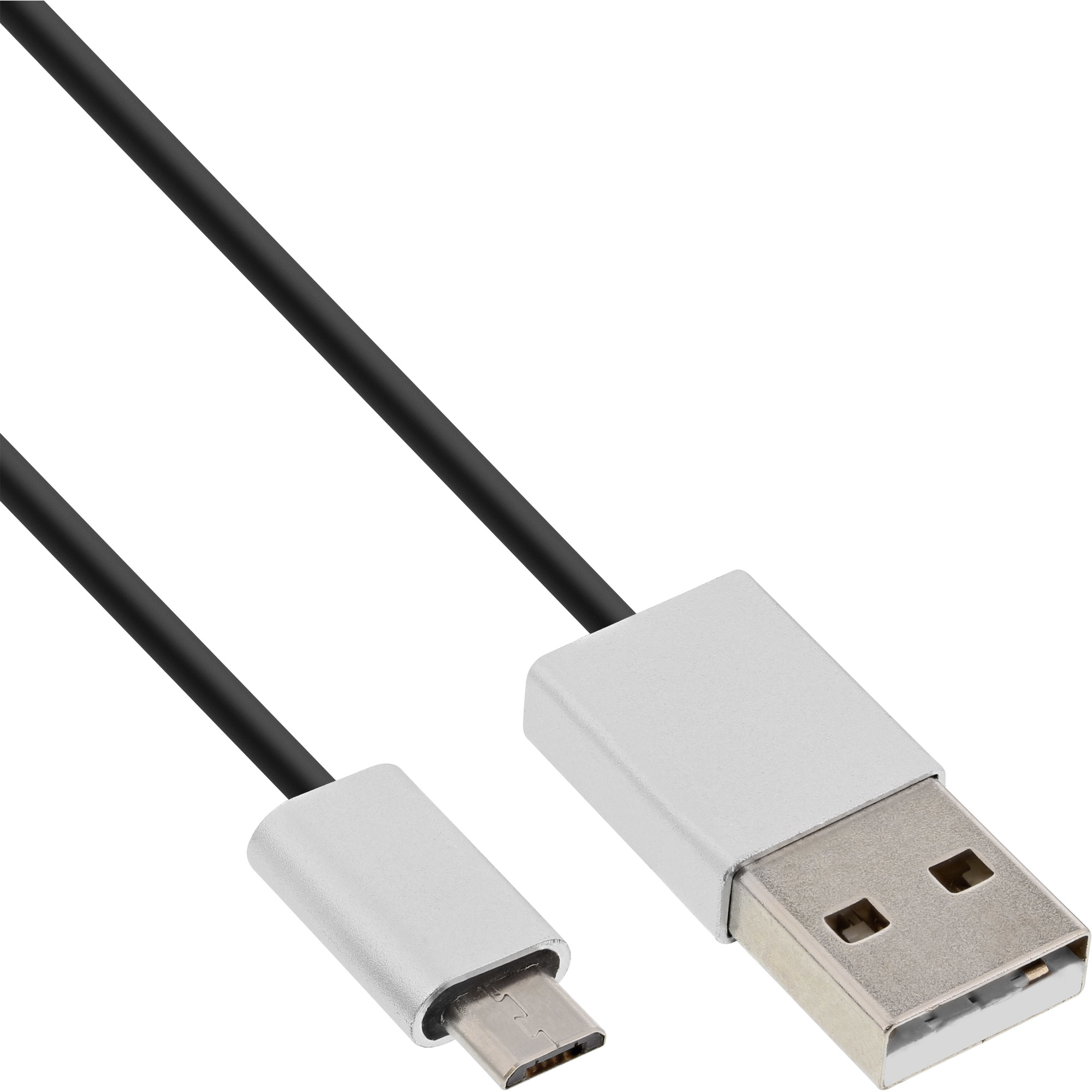 Zwarte USB-kabel met een zilveren USB-C- en USB-uiteinde. Witte achtergrond.