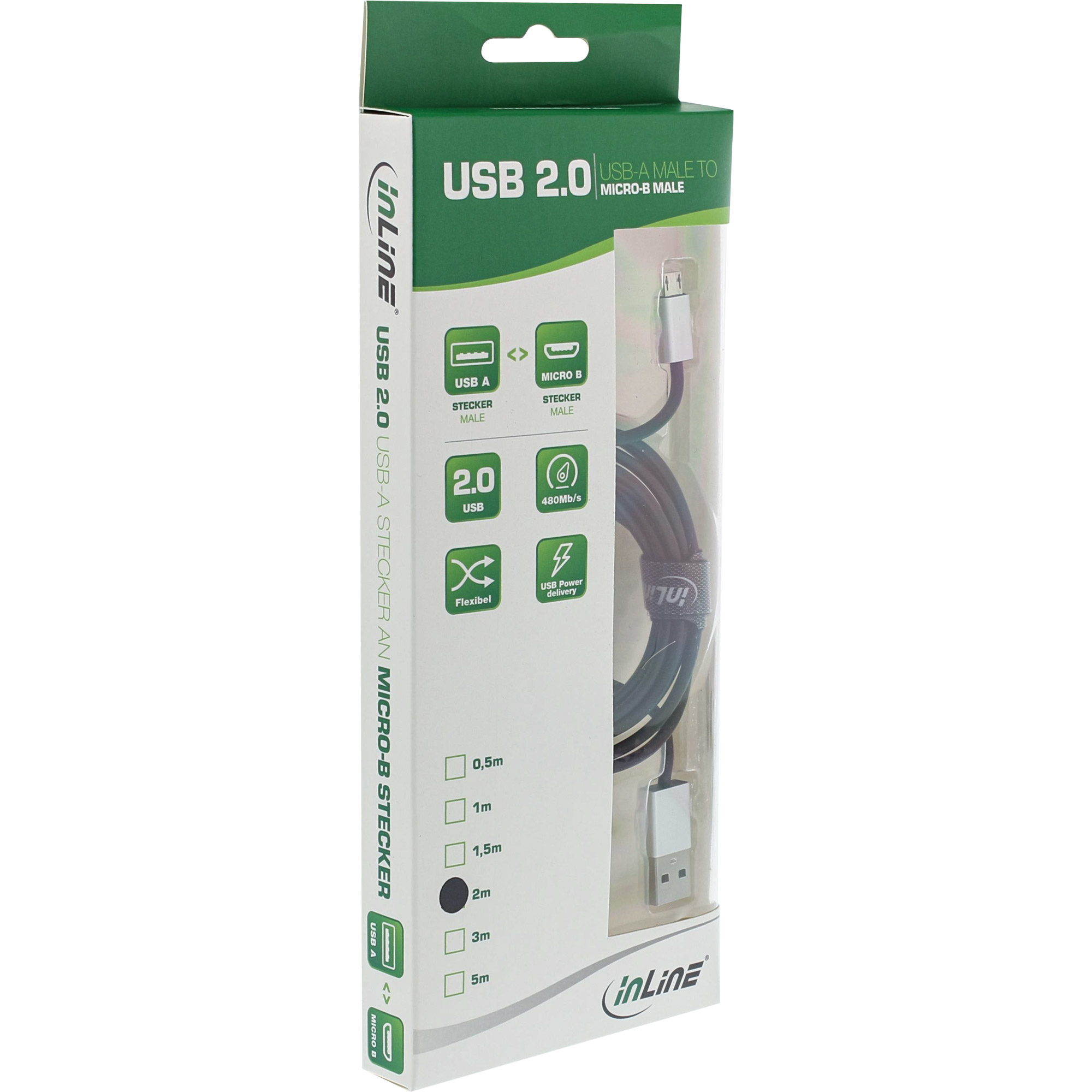 USB 2.0-kabel in een doos, USB-A naar Micro-B mannelijk. De doos is groen en wit.