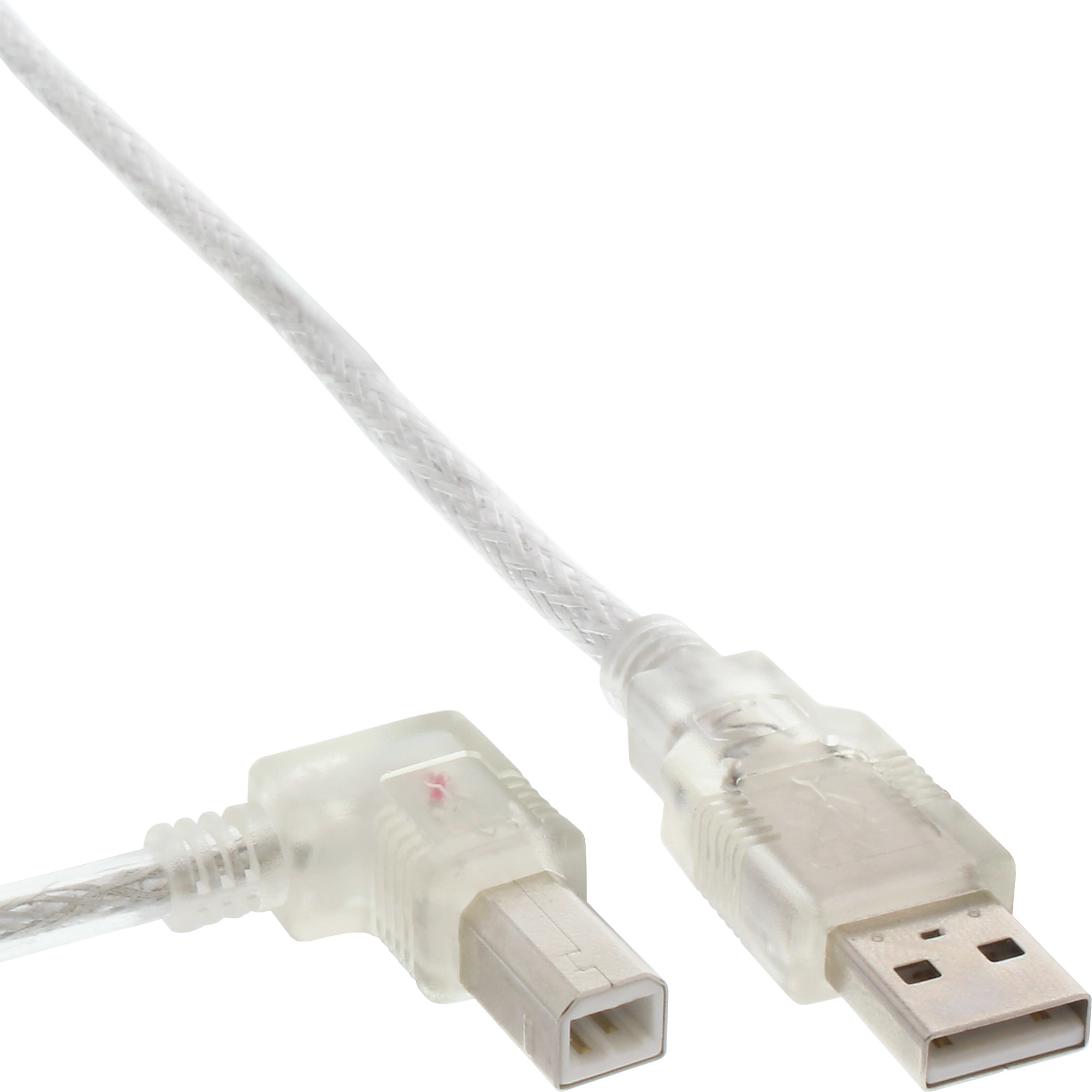 Câble USB blanc avec connecteur à 90 degrés. Le câble a un connecteur en plastique transparent.