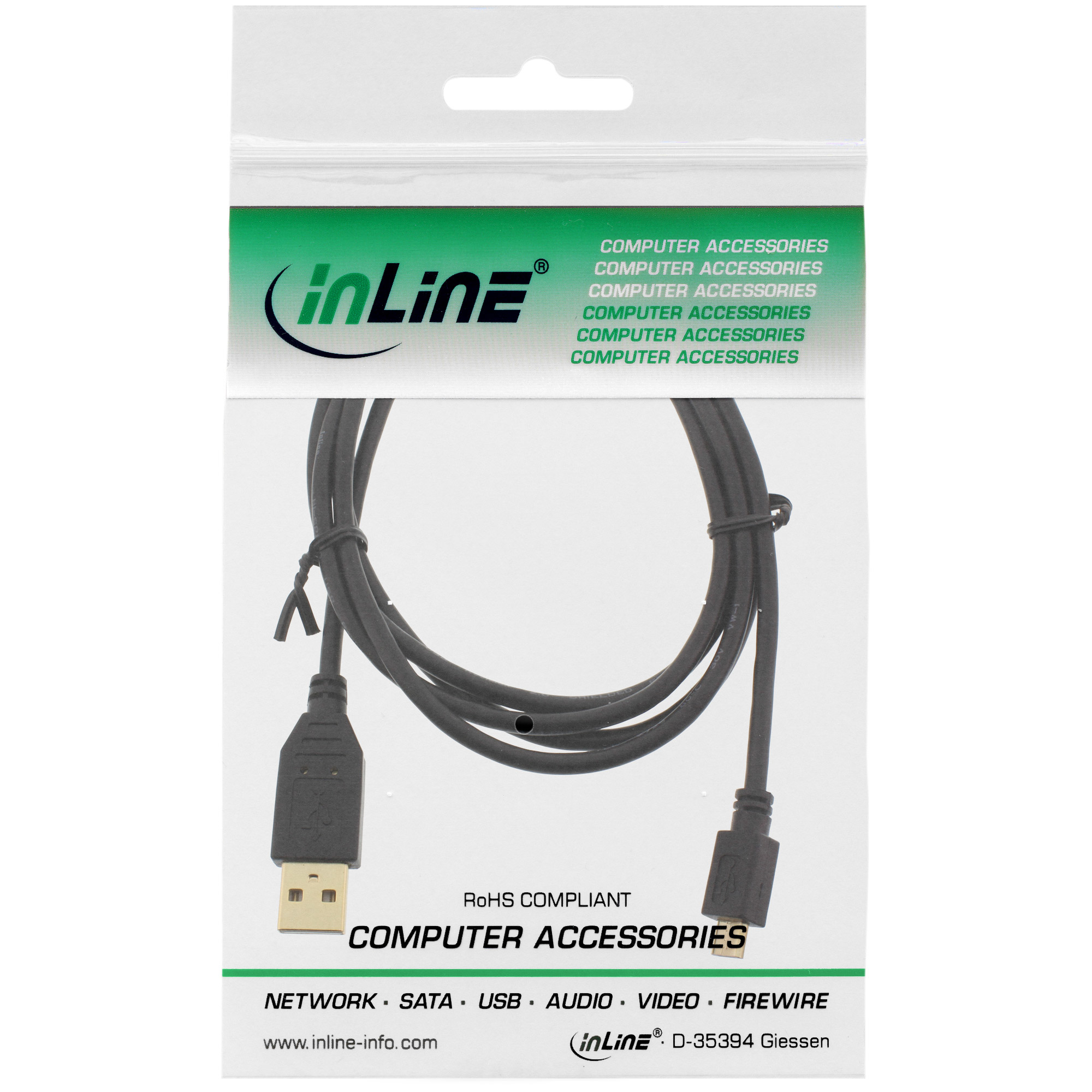 Cavo USB in una busta di plastica. Cavo nero con connettori USB e micro-USB.